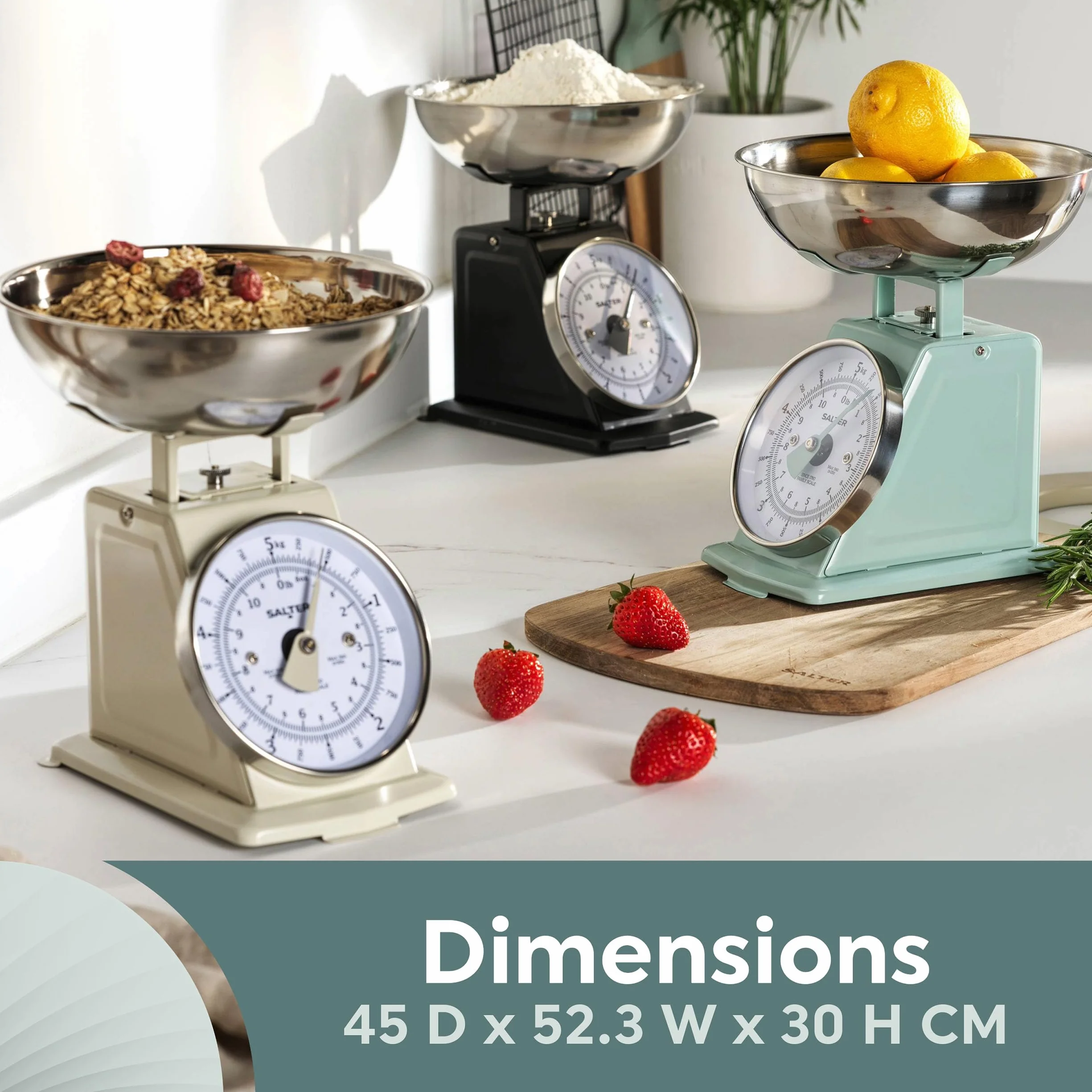 Salter SA00562BFEU12 Ponadczasowa mechaniczna waga kuchenna – pojemnosc 5 kg, miska nadajaca sie do mycia w zmywarce o pojemnosci 1 litra, skala do pieczenia, klasyczny design, duza tarcza cyfrowa
