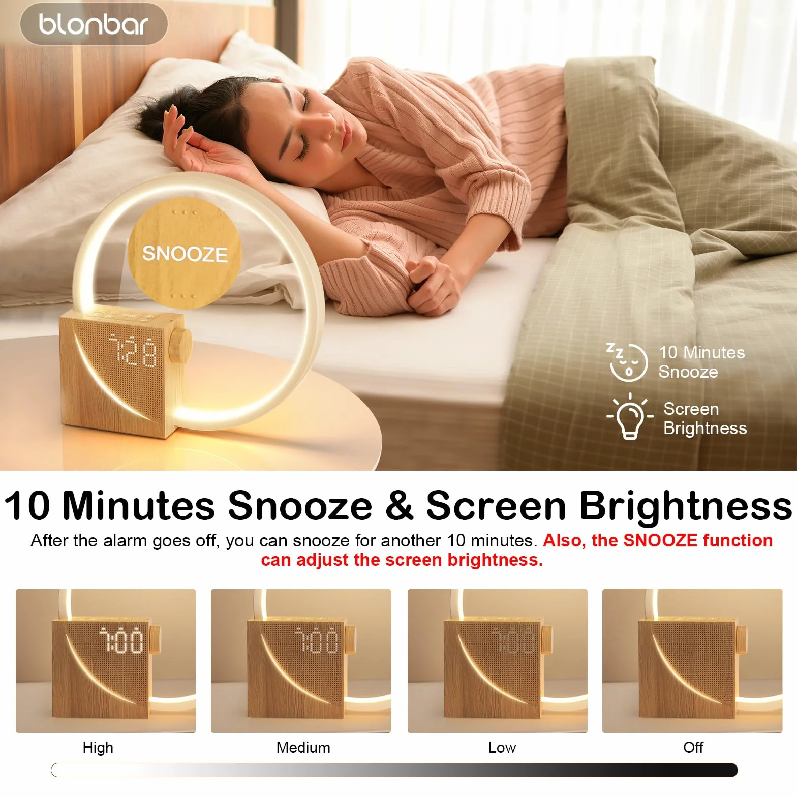blonbar Lampka nocna z budzikiem świetlnym Wake Up, lampa stołowa z funkcją ładowania USB 10 W, sterowanie dotykowe, ściemniana,3 poziomy jasności