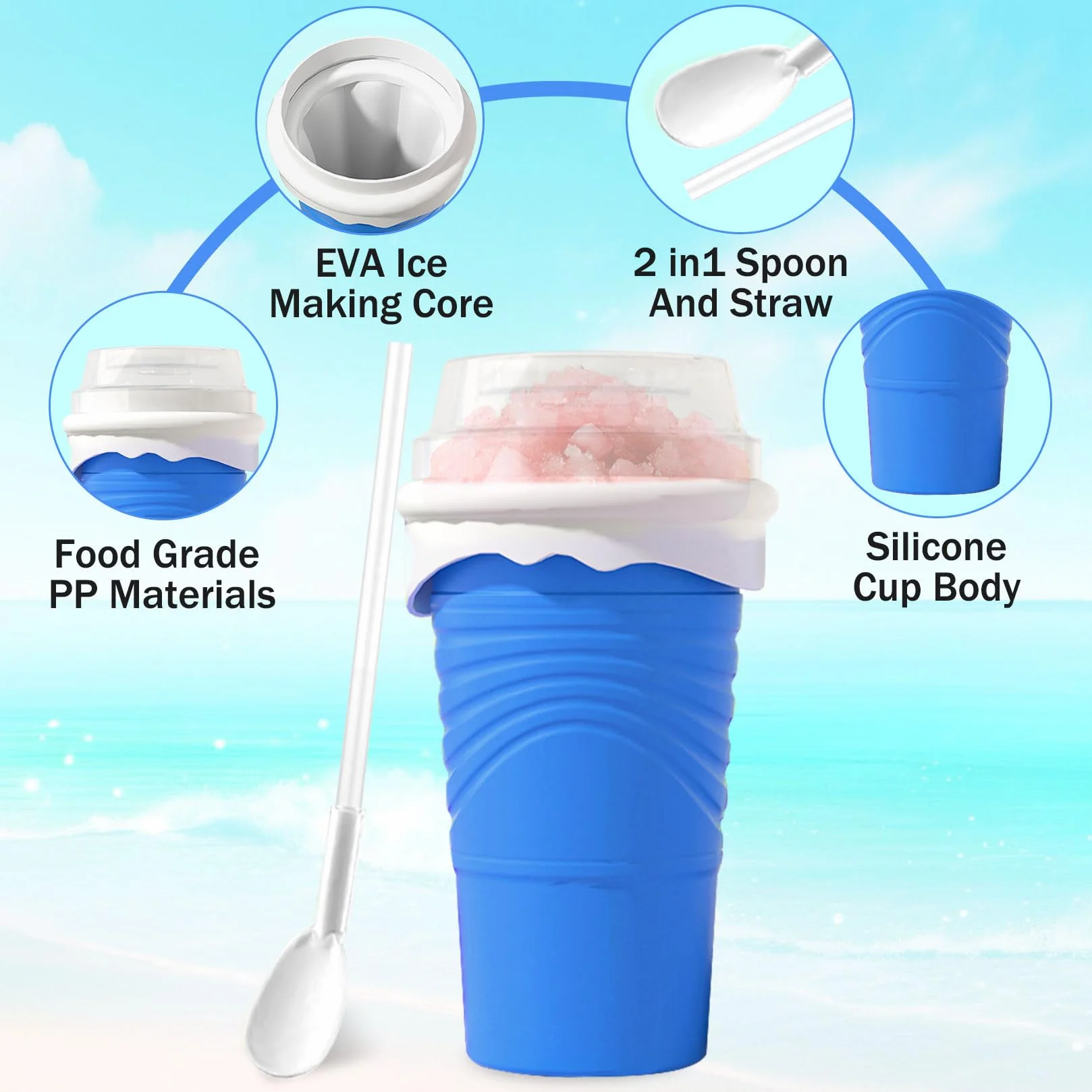 Herbst Slushy Maker silikonowy kubek 500 ml z łyżeczką ze słomką niebieski