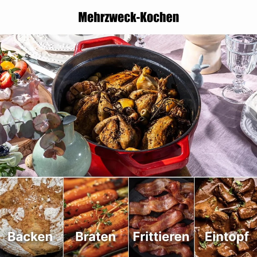 Emaliowany garnek żeliwny z pokrywką i szerokimi uchwytami - owalny holenderski piekarnik do sosów owsiankowych, zup - pojemność 5.6L, czerwony