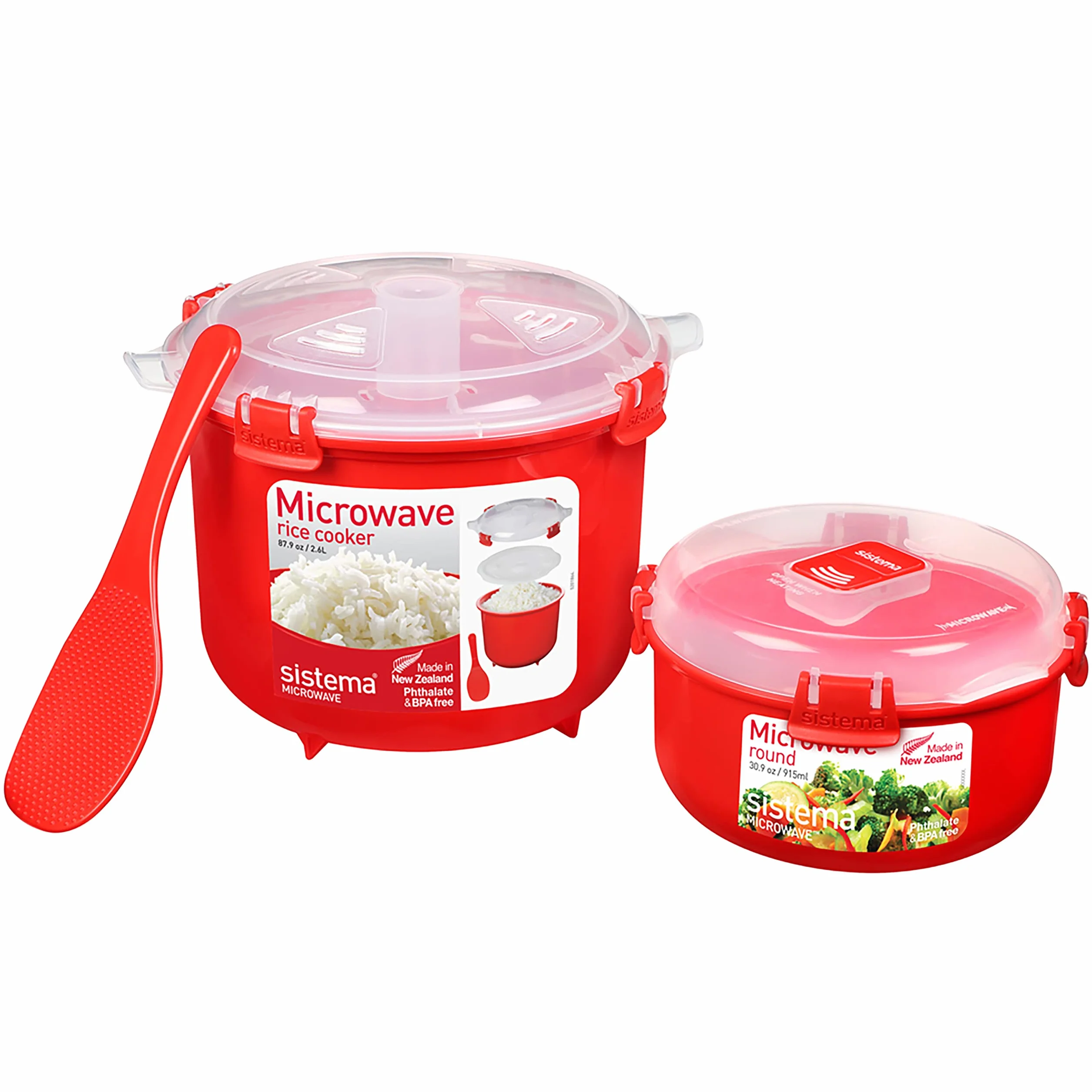 Sistema Microwave szybkowar do ryżu, 2,6 l, okrągły pojemnik na żywność w kuchence mikrofalowej (915 ml), nie zawiera BPA, czerwony [82001]
