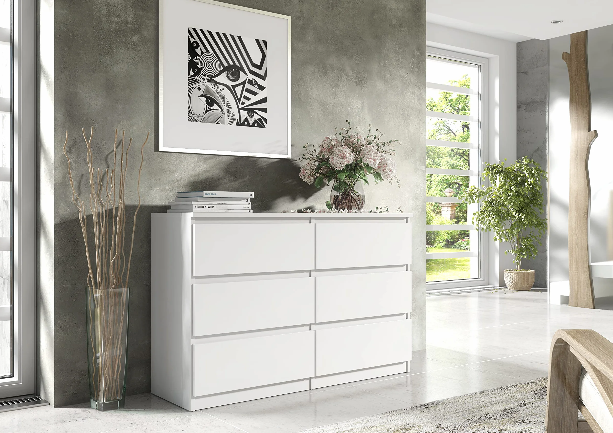 meble masztalerz Komoda Biała Mat z 6 szufladami - 138,6x78,5x39 cm - Komoda do salonu, sypialni - Szafka z szufladami - Komoda z szufladami - 140 cm