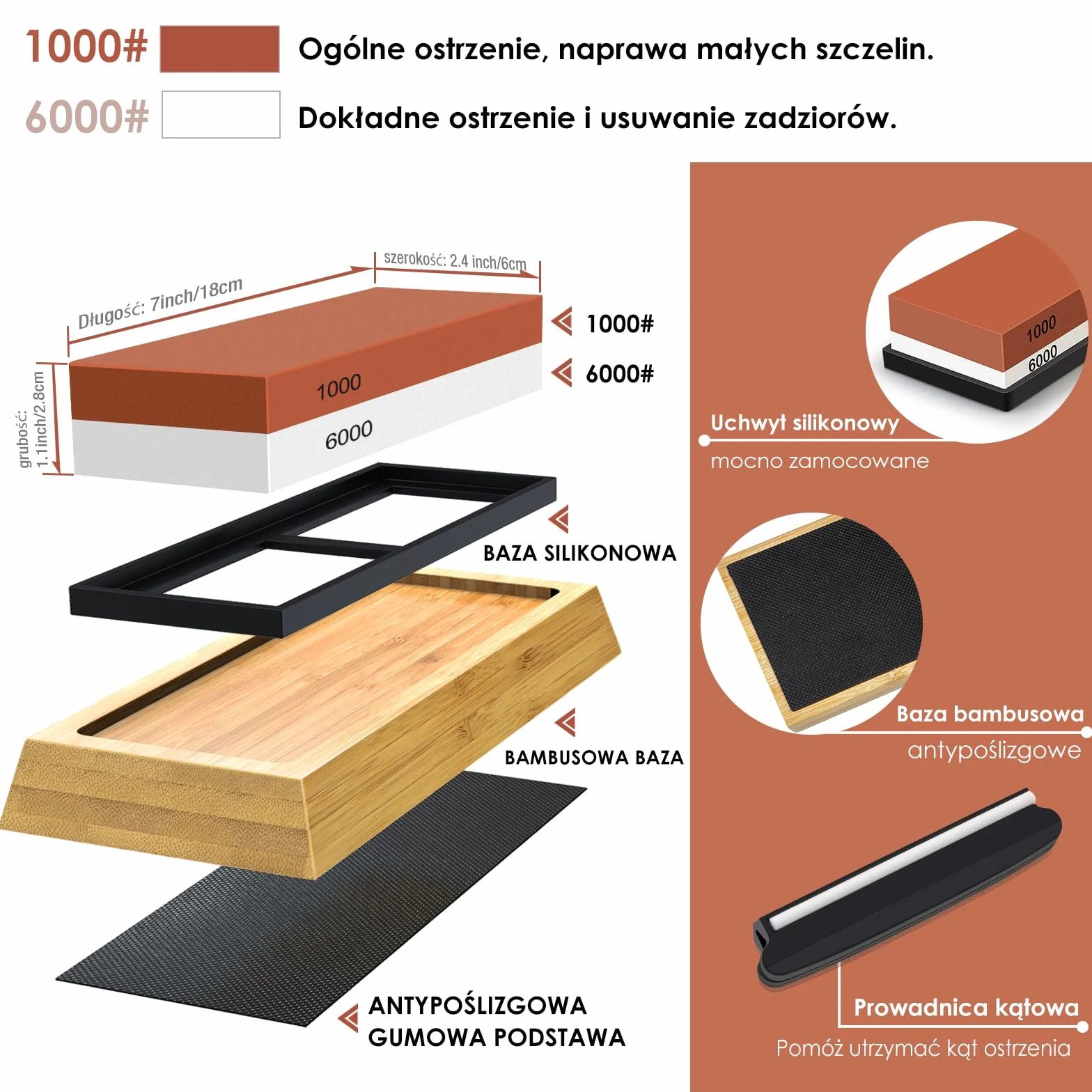 SHAN ZU kamień wodny do ostrzenia noży 1000/6000, dwustronny kamień do ostrzenia z prowadnicą kątową i antypoślizgową bambusową podstawą, do noży kuchennych i innych noży