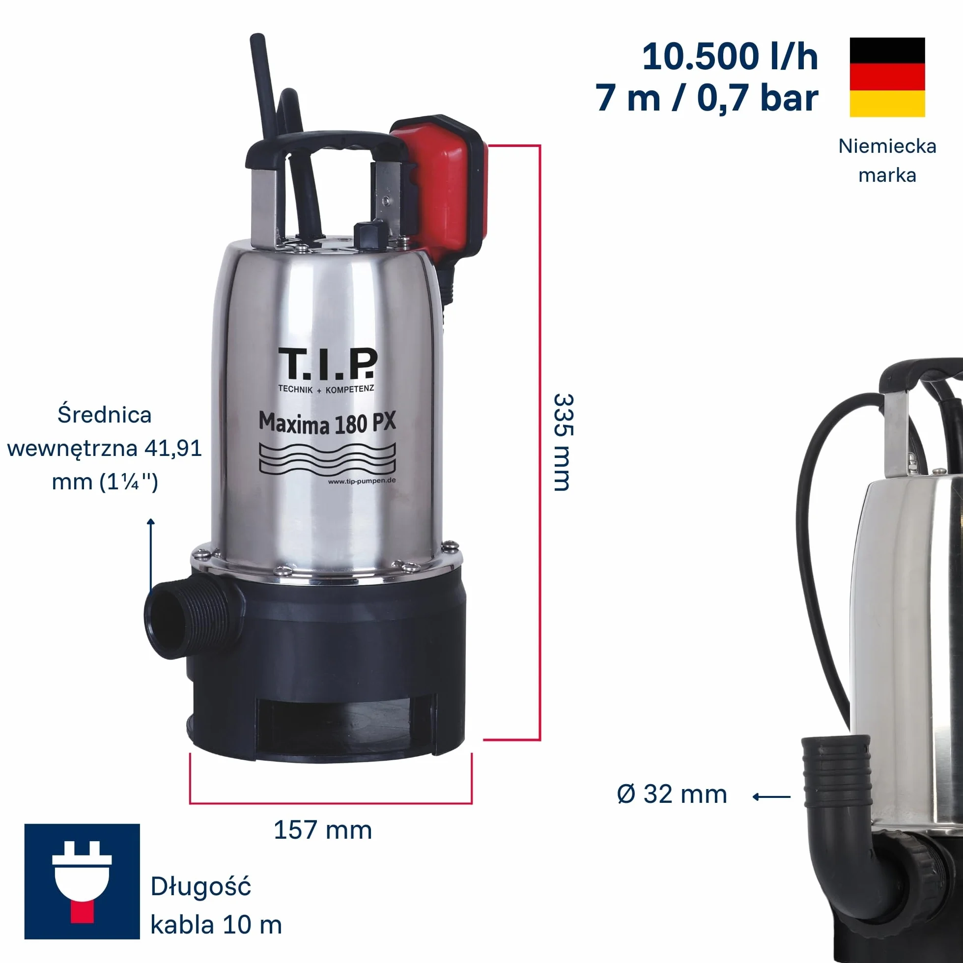 T.I.P. Pompa Zanurzeniowa TVX 7000 – Wał ze Stali Nierdzewnej, 7000 l/h, Odporna Obudowa, Odwadnianie Wykopów, Piwnic, Stawów, Automatyczny Pływakowy Wyłącznik