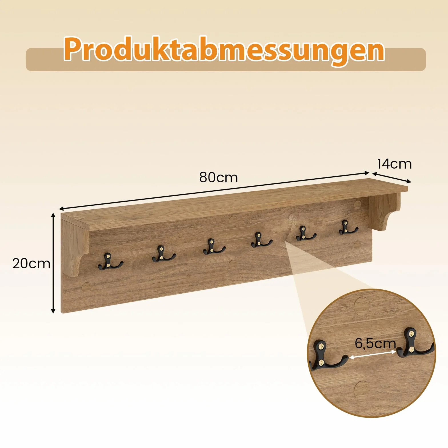 COSTWAY Garderoba Ścienna z Półką i 6 Haczykami, Drewniany Wieszak Ścienny na Ubrania i Akcesoria, Wiszący Regał do Przedpokoju, Sypialni lub Łazienki, 80 x 14 x 20 cm, Naturalny