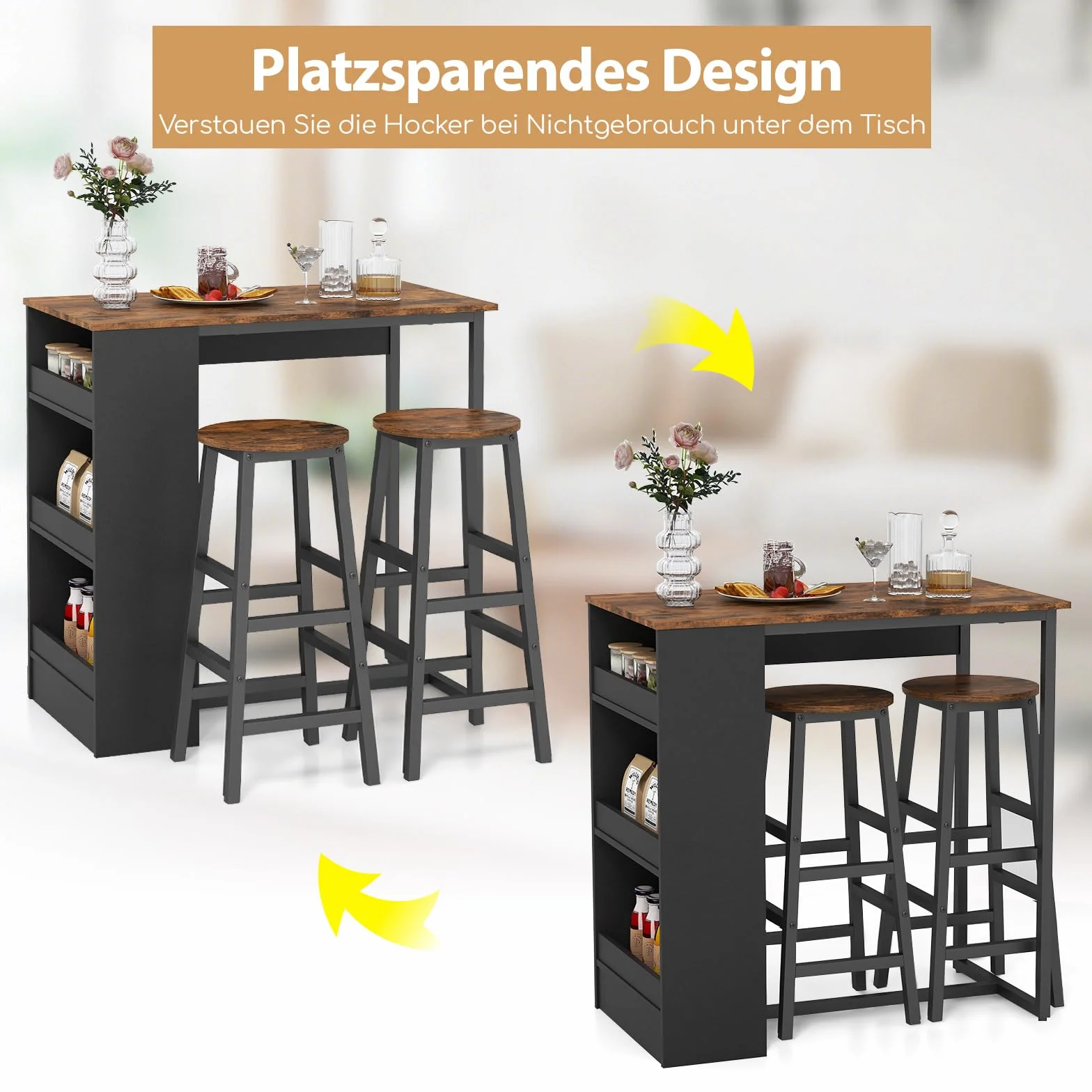 COSTWAY Stol barowy z taboretem barowym, zestaw 2 osób, stół barowy z 3 półkami, stół kuchenny, blat kuchenny do salonu, jadalni i kuchni, rustykalny brąz