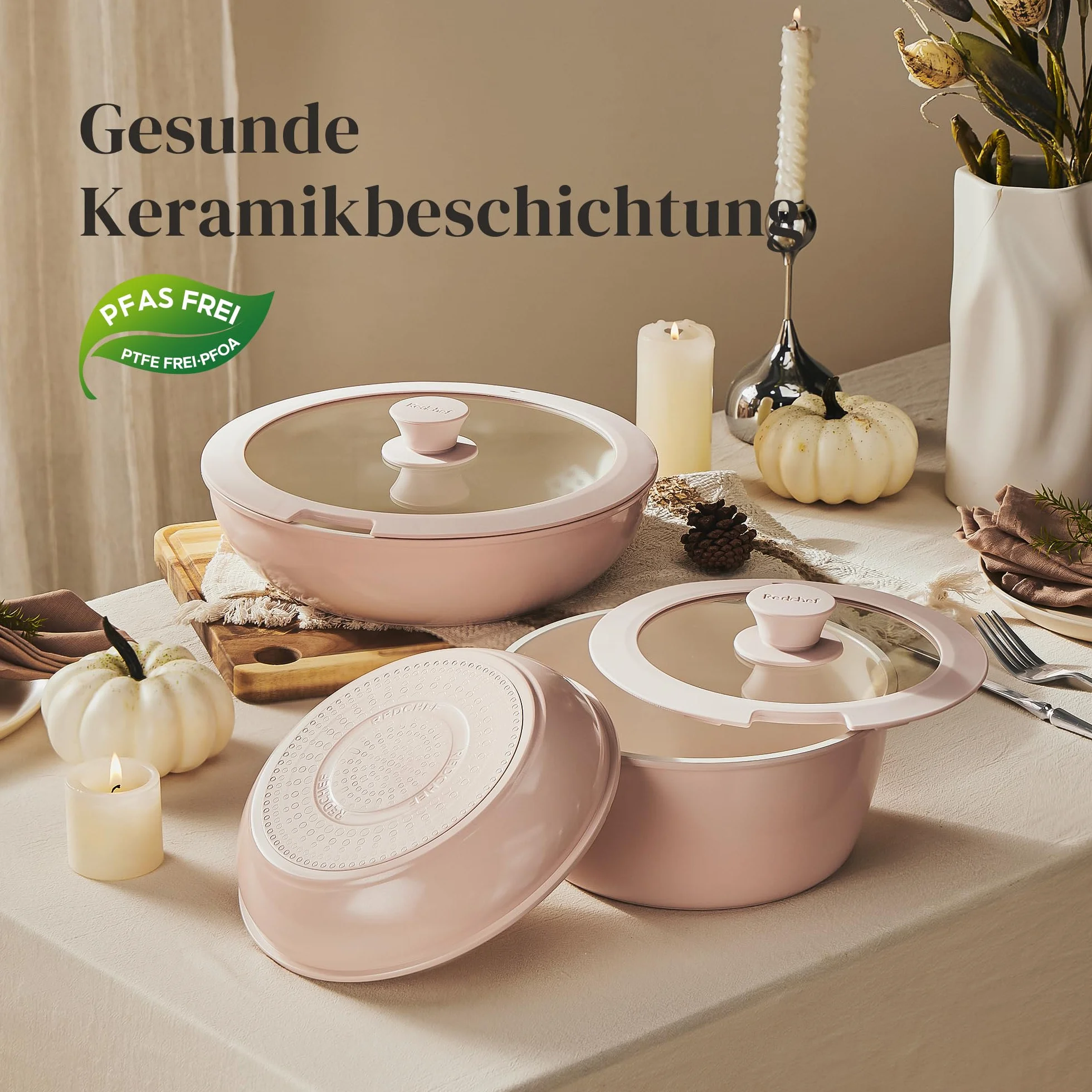 Redchef 16-cz ceramiczny zestaw garnków i patelni, nieprzywierający, nietoksyczny (bez PFAS/PFOA/PTFE), bezpieczny w zmywarce i piekarniku, z odczepianą rączką (różowy)