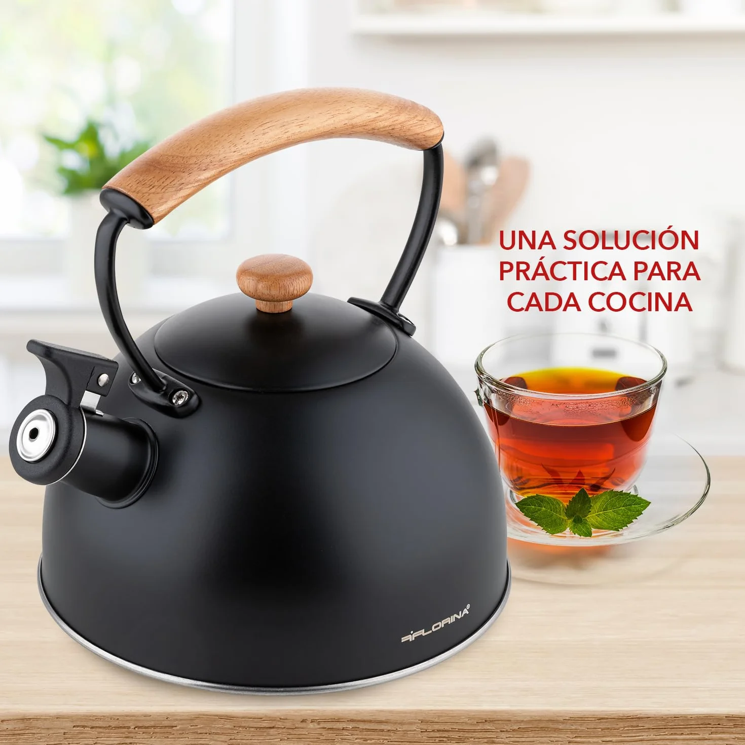 FLORINA Wooden czajnik na wodę, indukcyjny, do wszystkich rodzajów kuchenek, 2,3 l, stal nierdzewna, uchwyt drewniany, Cool-Touch, do kawy, szklanej, ceramicznej, gazowej, elektrycznej, czarny, 5C7084