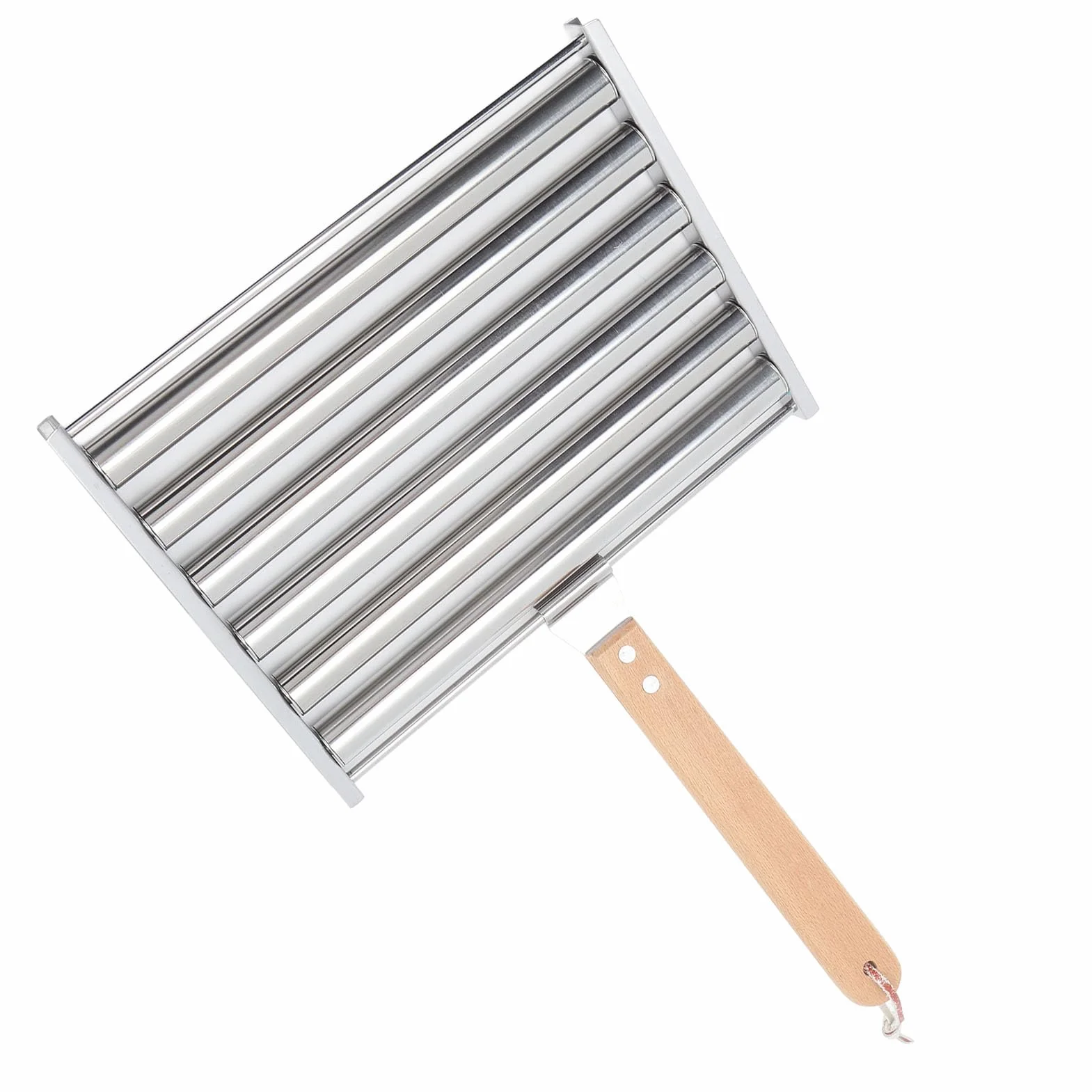 STOJAK NA WAŁKI DO HOT DOGÓW ZE STALI NIERDZEWNEJ Z DREWNIANYM UCHWYTEM NA NARZĘDZIA DO GRILLOWANIA (Dł. 30 cm / 11,8 cala)