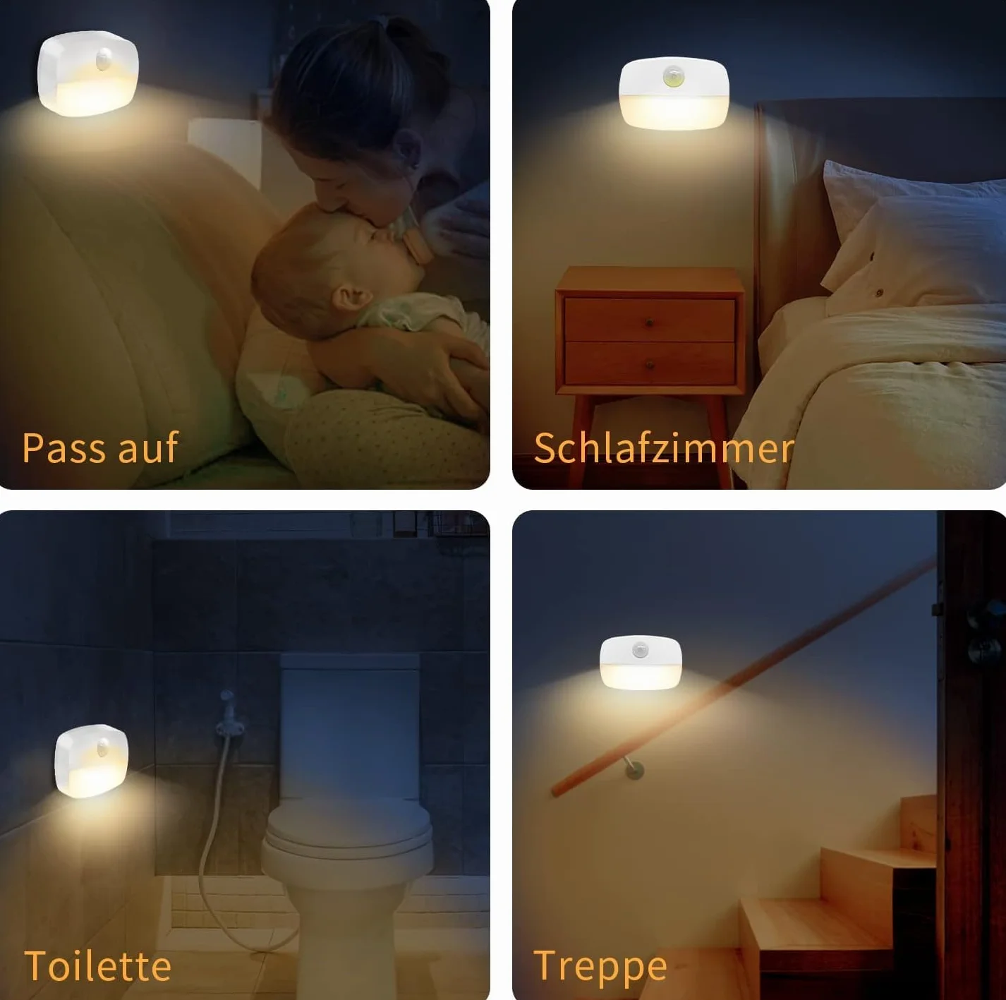 Lampka nocna LED z czujnikiem ruchu, 4 sztuki, lampka nocna dla dzieci, z baterią, do wnętrz, oświetlenie szafki, automatyczne włączanie/wyłączanie, światło do korytarza, schodów, łazienki, sypialni