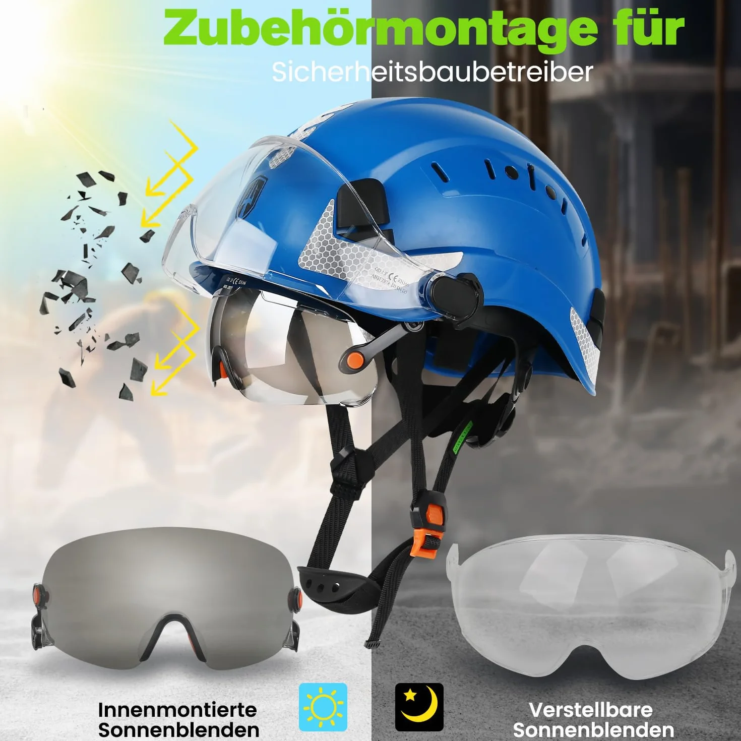 GREEN DEVIL EN397 & EN166 kask ochronny z certyfikatem przemysłowym z przyciemnianym + przezroczystym wizjerem | kask ochronny z podwójnym wizjerem do budownictwa, rzemiosła i przemysłu | wentylowany