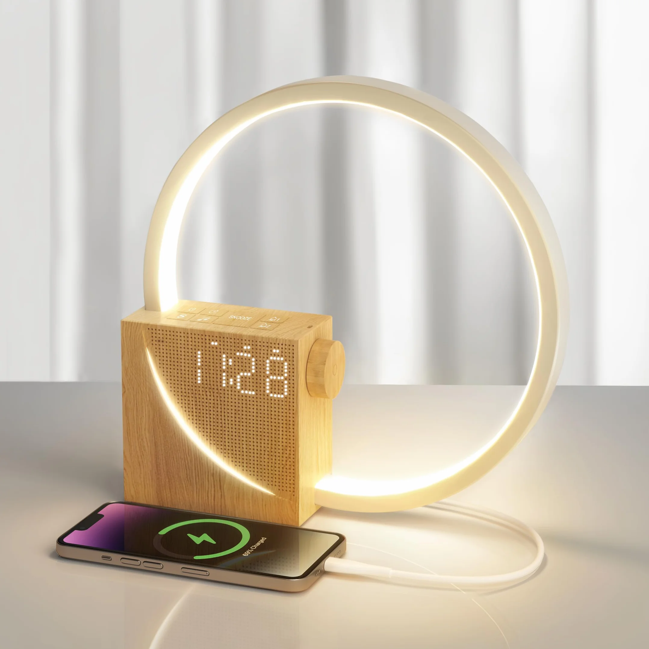 blonbar Lampka nocna z budzikiem świetlnym Wake Up, lampa stołowa z funkcją ładowania USB 10 W, sterowanie dotykowe, ściemniana,3 poziomy jasności