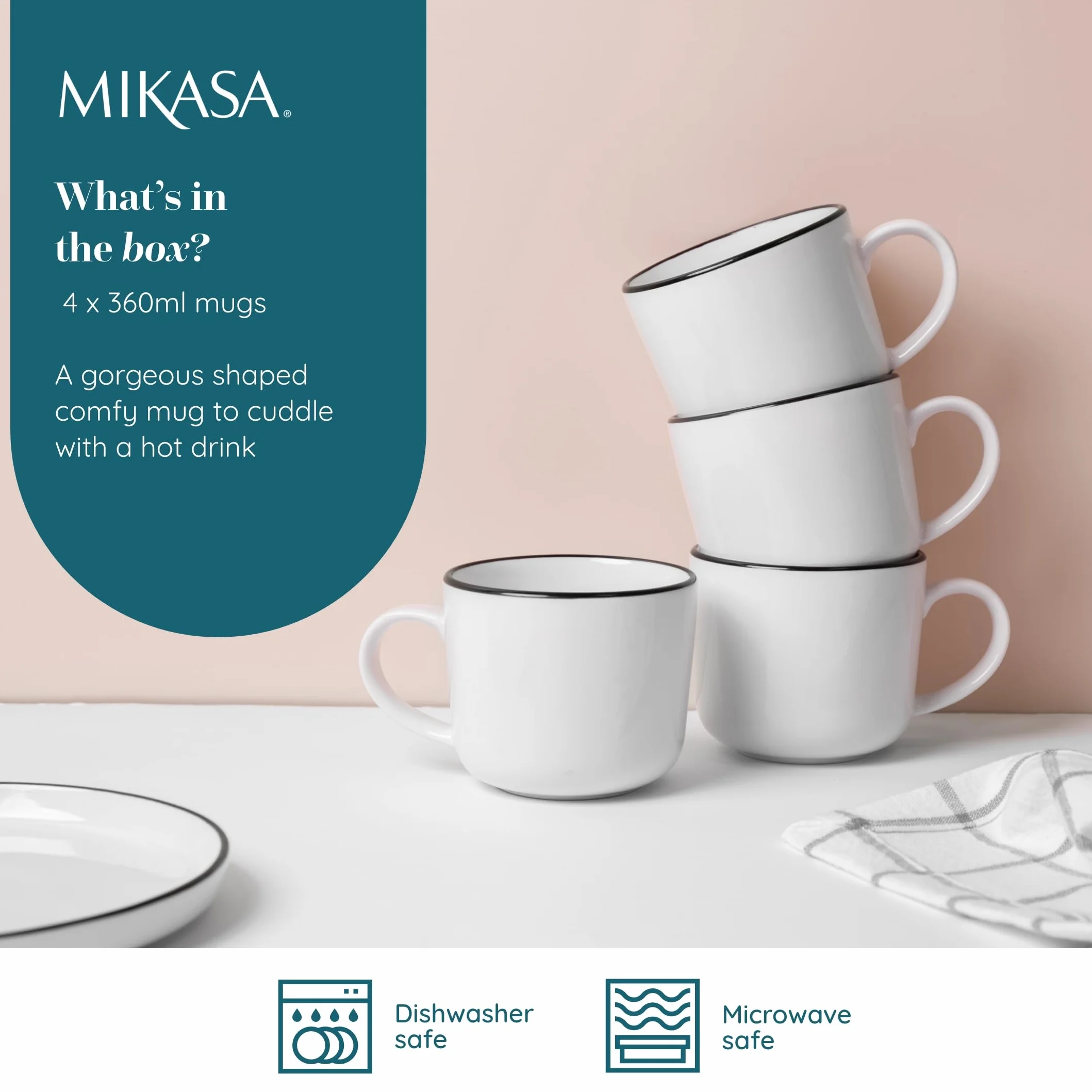 Mikasa Limestone Zestaw porcelanowych kubków 4x 360 ml czarna obwódka do kawy i herbaty