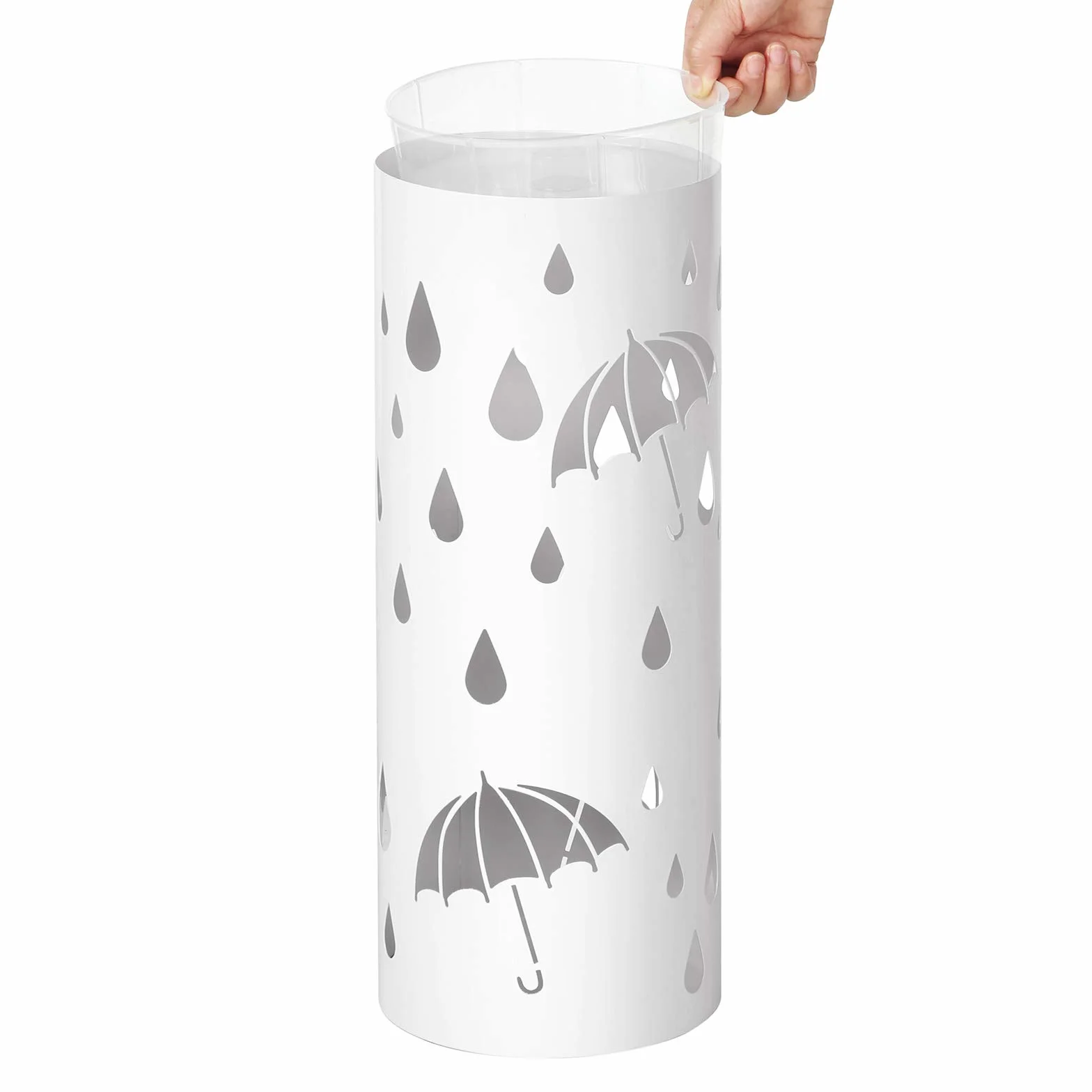 Songmics LUC23W stojak na parasole, z metalu, okrągły stojak na parasole, wyjmowany pojemnik na wodę, z haczykami, 49 x Ø 19,5 cm, biały