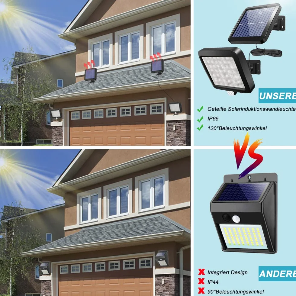 Lampy Solarne na Zewnątrz, 56 Diod LED, z Czujnikiem Ruchu, z Kablem, Wodoodporność IP65, Kąt Świecenia 120°, Klasa Energetyczna A+++, 5m