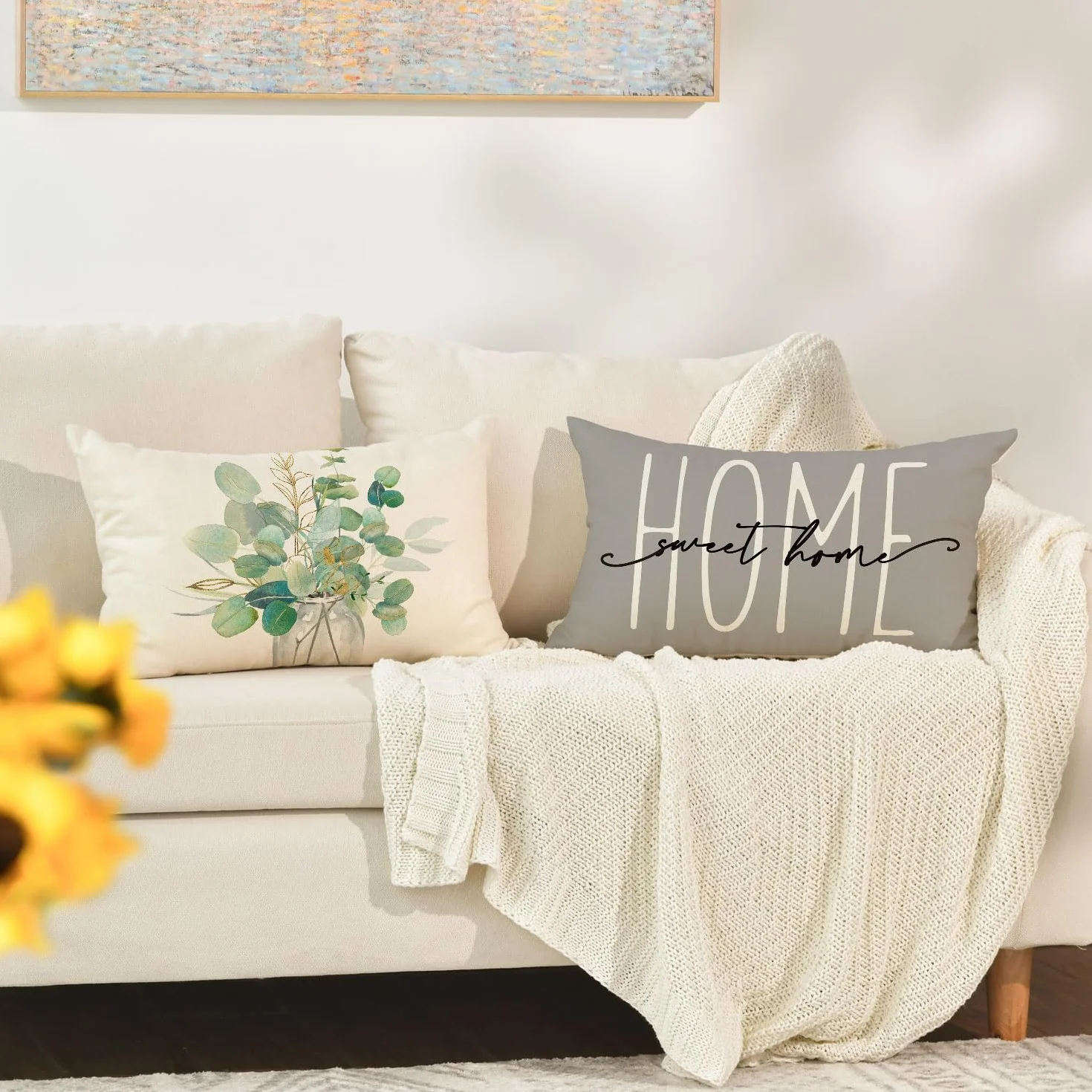 Artoid Mode Poszewki na poduszki na lato z liści eukaliptusa, zestaw 4 sztuk, 30 x 50 cm, sezonowe, Home Sweet Home, ozdobne, na kanapę, do salonu, dekoracja