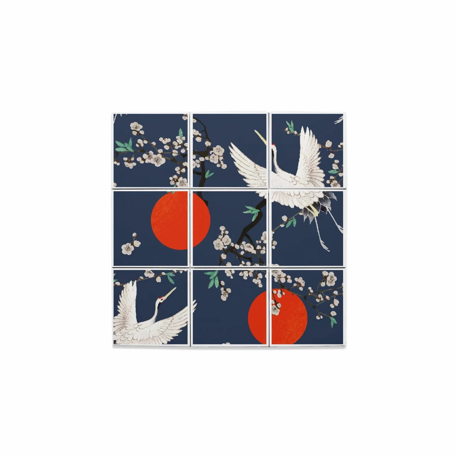 Fabulous Zestaw x9 Dekoracyjne płytki ceramiczne 10,8 x 10,8 cm - Japonia żuraw czerwony nadruk tradycyjna ilustracja (rozmiar całkowita 32,4 x 32,4 cm)