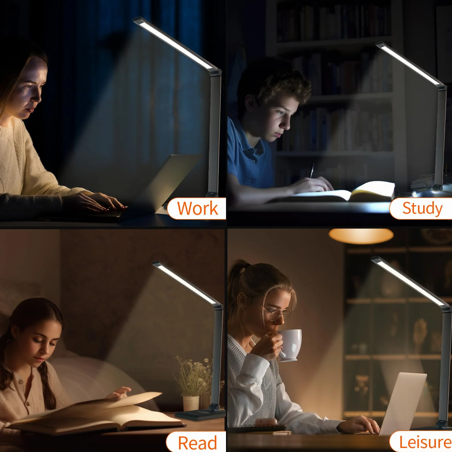 LQWELL® Lampa biurkowa LED o zmiennej intensywności, 5 kolorów, 10 poziomów jasności, przyjazna dla oczu lampka nocna, ładowanie USB, sterowanie dotykowe i funkcja pamięci biurowej