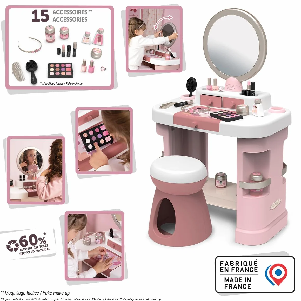 Smoby - My Beauty Dressing Table - Fryzjerstwo, Salon kosmetyczny, Zestaw do makijażu - Lustro, Przechowywanie - 15 akcesoriów - Materiał z recyklingu - Od 3 lat - Wyprodukowano we Francji