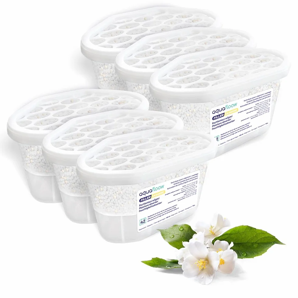 Aquafloow Osuszacz Pokojowy 400 ml, Redukuje Wilgotność, 6 Sztuki Granulki JASMINE | Neutralizator Zapachów, Pochłaniacz Wilgoci do Kuchni, Szafki, Łazienki i Gabinetu