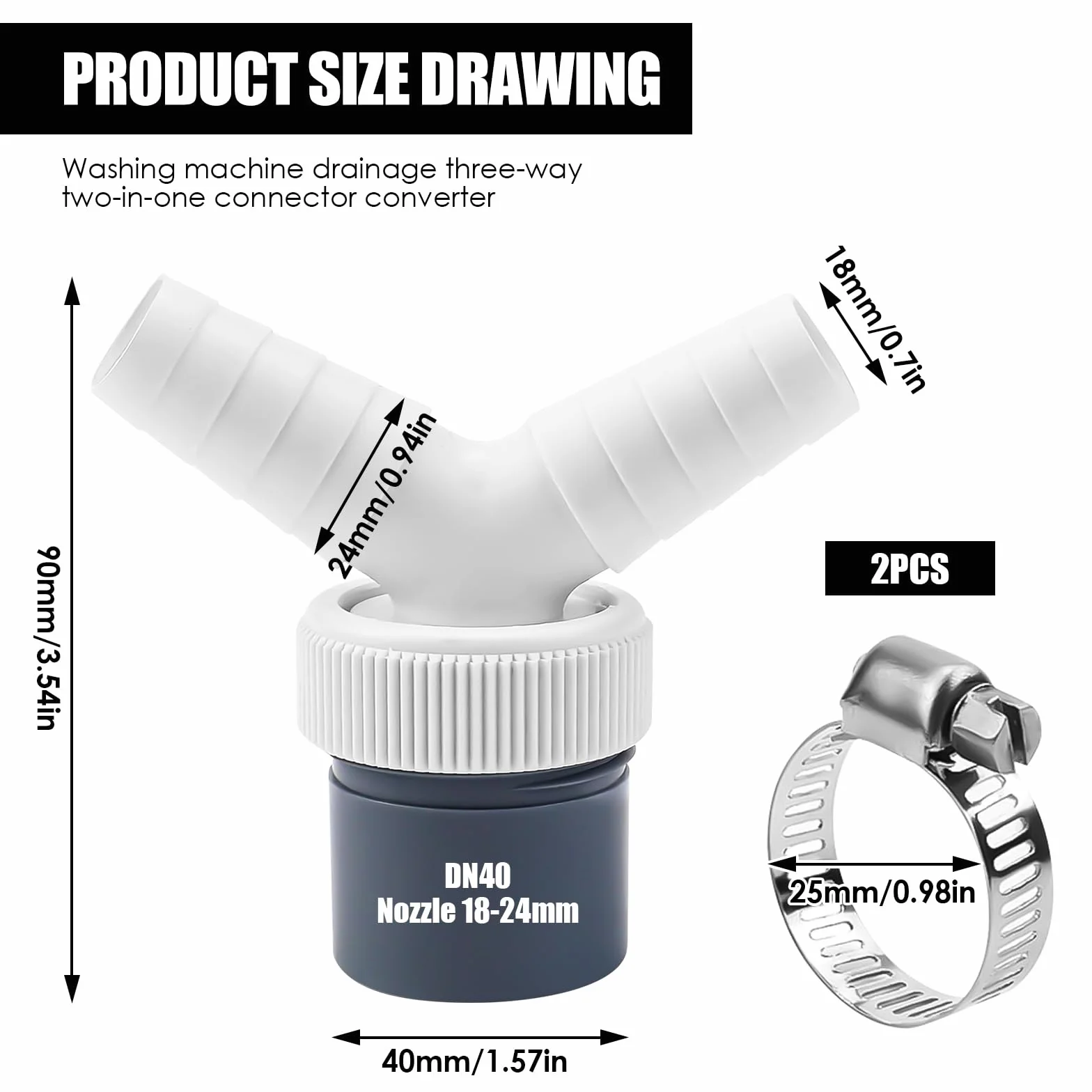 Adapter odpływu do zmywarki do pralki, adapter Y do podwójnego odpływu: pralka i zmywarka z wężem Ø 40 mm i wejściem Ø 18-23 mm