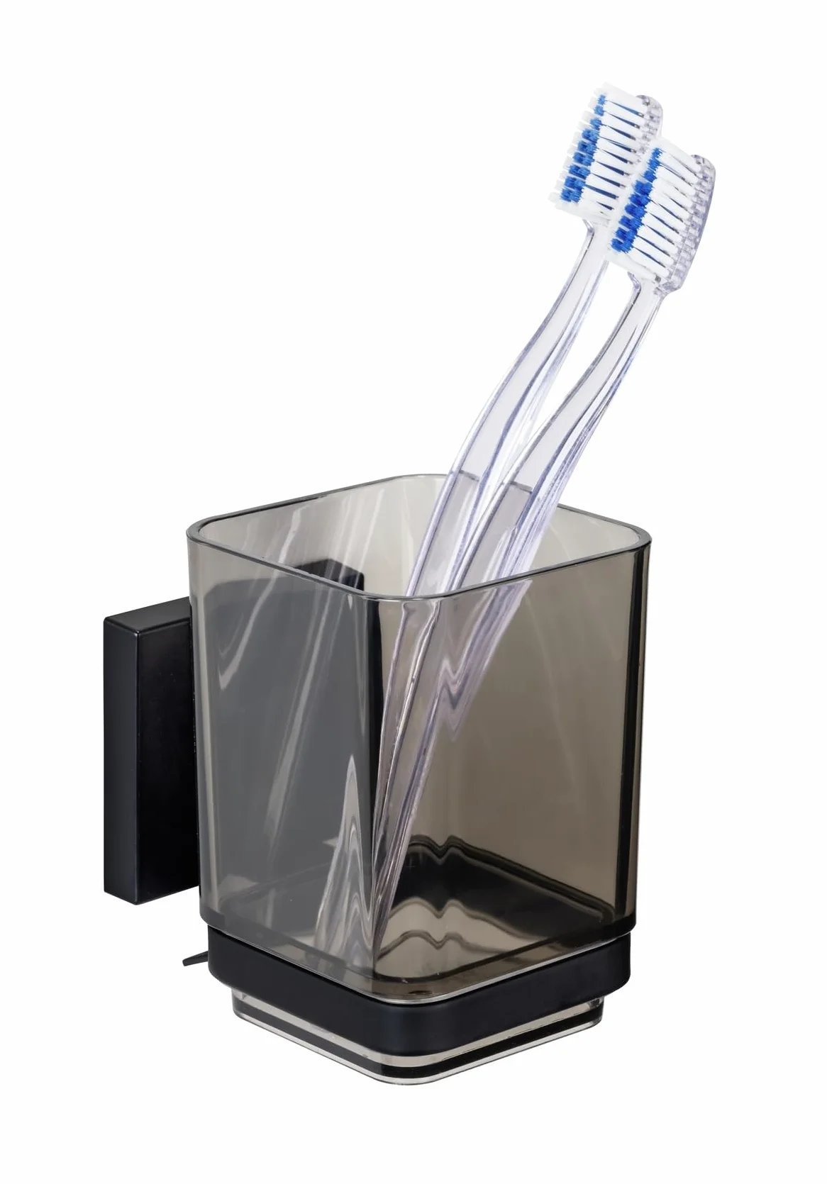 WENKO Vacuum-Loc® Quadro kubek do mycia zębów, kubek z tworzywa sztucznego z uchwytem ze stali nierdzewnej, mocowanie bez wiercenia, kolor czarny