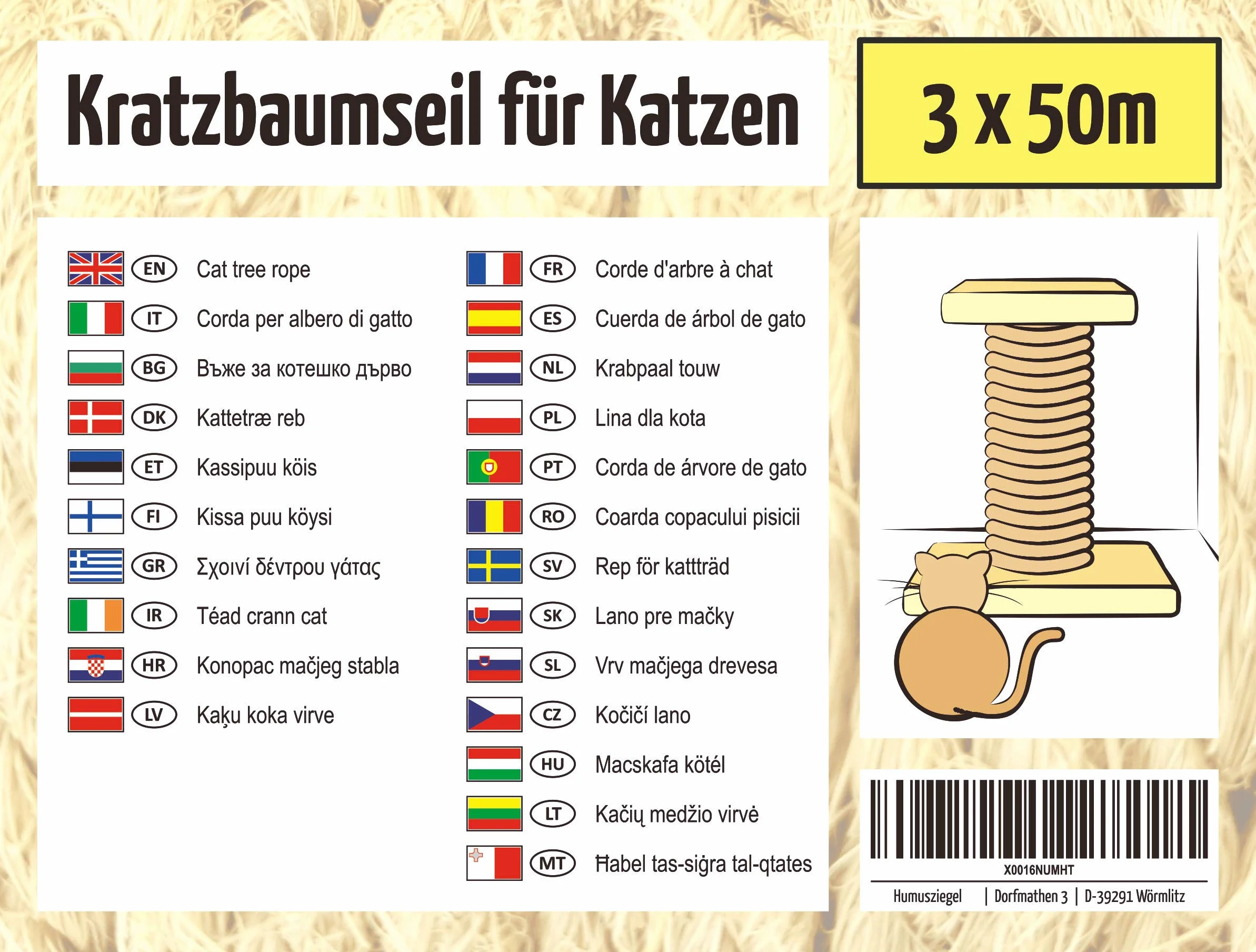 zamiennik liny kokosowej do słupka do drapania z zapasową częścią, 7 mm, 3 x 50 m, niebarwione włókna naturalne, do stosowania jako lina sizalalowa, klipsy drzewne