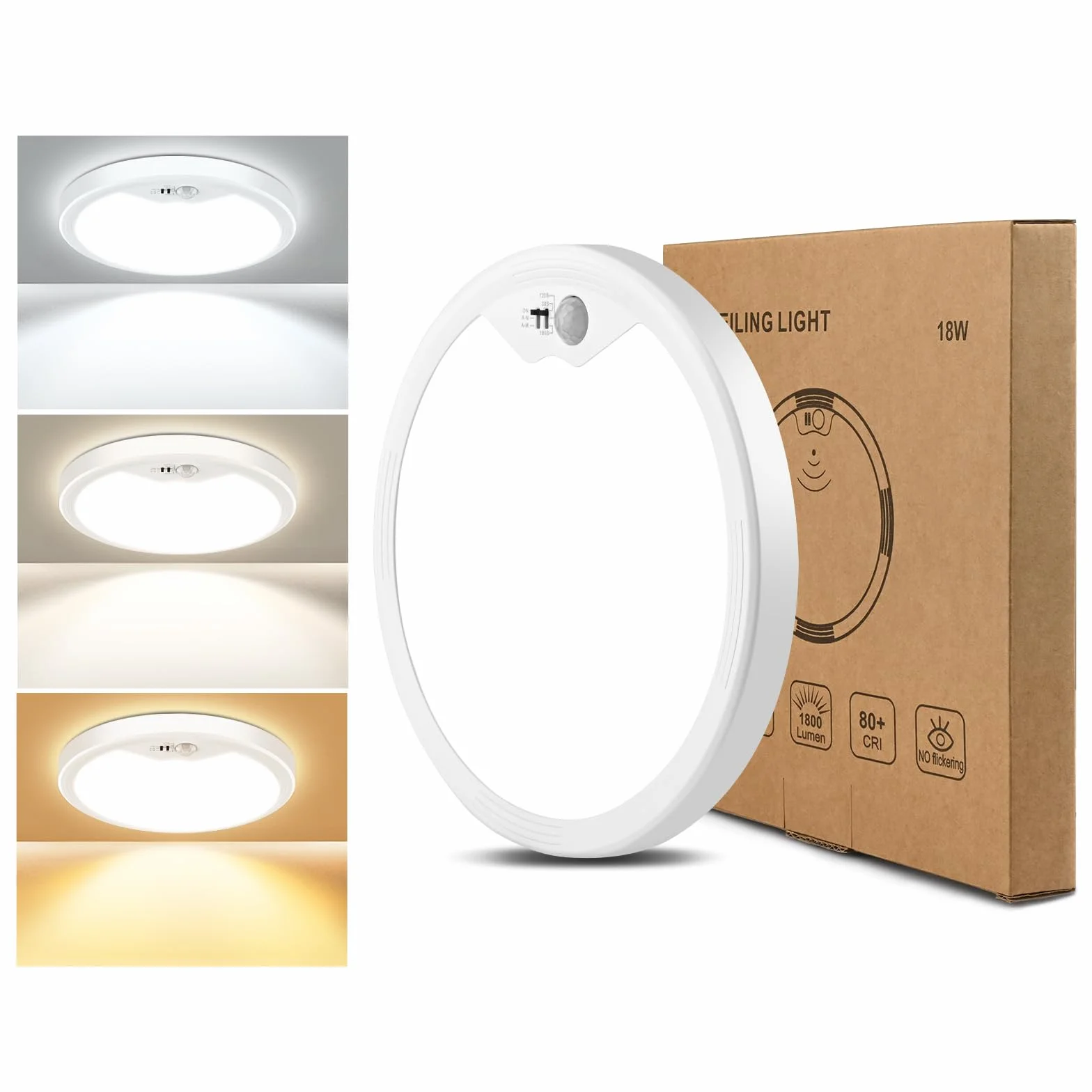 Oumida lampa sufitowa LED z czujnikiem ruchu, 18 W, lampa sufitowa z czujnikiem ruchu do wnętrz, okrągłe światło z czujnikiem ruchu do sypialni, korytarza, kuchni, łazienki, balkonu, piwnicy, garażu