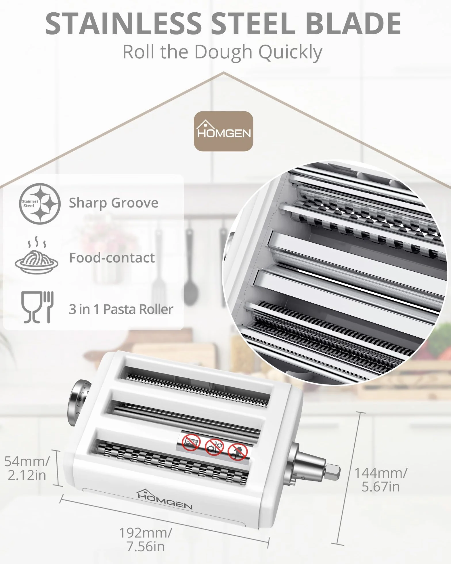 HOMGEN Nasadka do makaronu 3 w 1 do miksera KitchenAid, zestaw z wałkiem, krajalnicą do spaghetti i fettuccine, wytrzymałe nakładki ze stali nierdzewnej