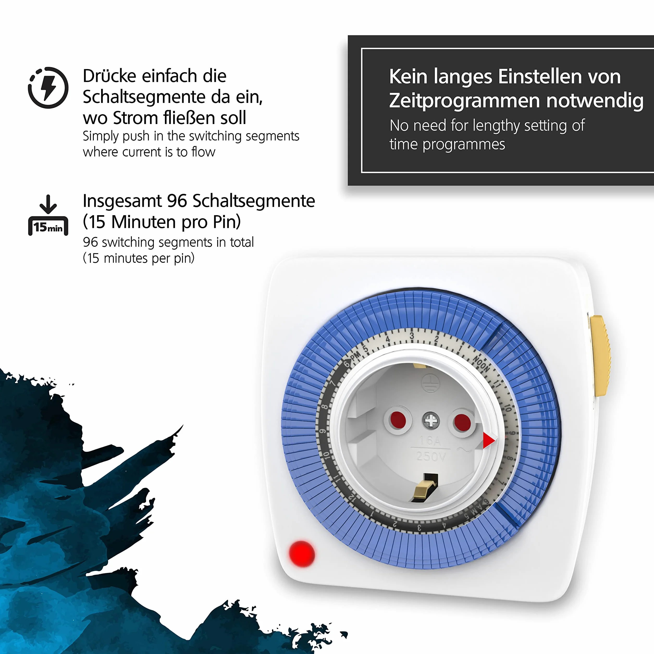 Benon Mechaniczny timer z 96 segmentami (15 min), funkcja automatycznego włączania i wyłączania z kontrolą rodzicielską (maks. 3680 W) biały