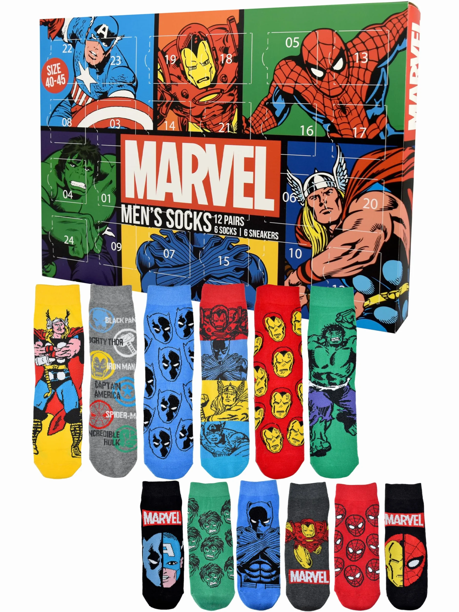 United Labels Marvel kalendarz adwentowy z 12 parami skarpet dla mężczyzn, rozmiar 40-45, kalendarz z trampkami i długimi skarpetami, kalendarz bożonarodzeniowy na prezent