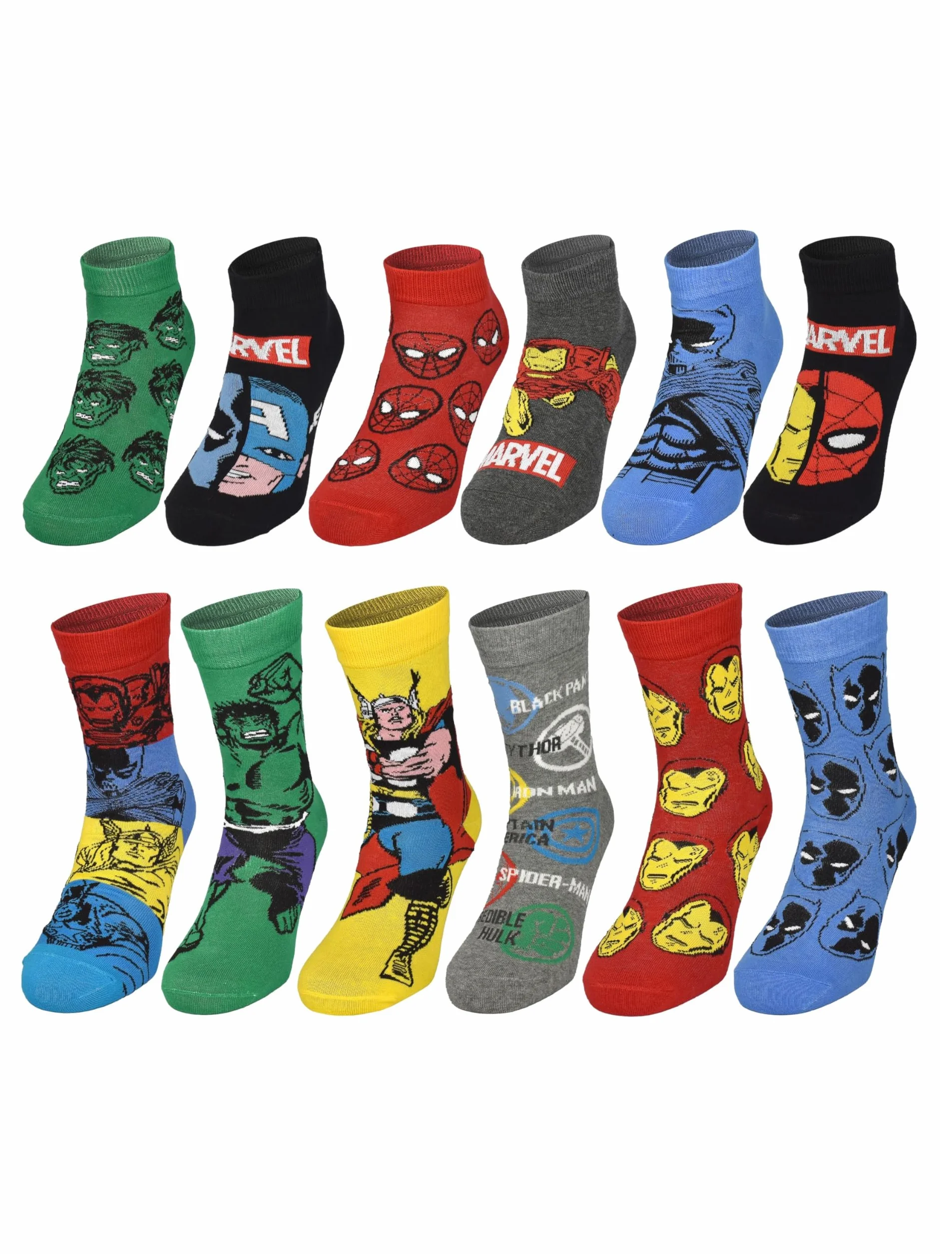 United Labels Marvel kalendarz adwentowy z 12 parami skarpet dla mężczyzn, rozmiar 40-45, kalendarz z trampkami i długimi skarpetami, kalendarz bożonarodzeniowy na prezent