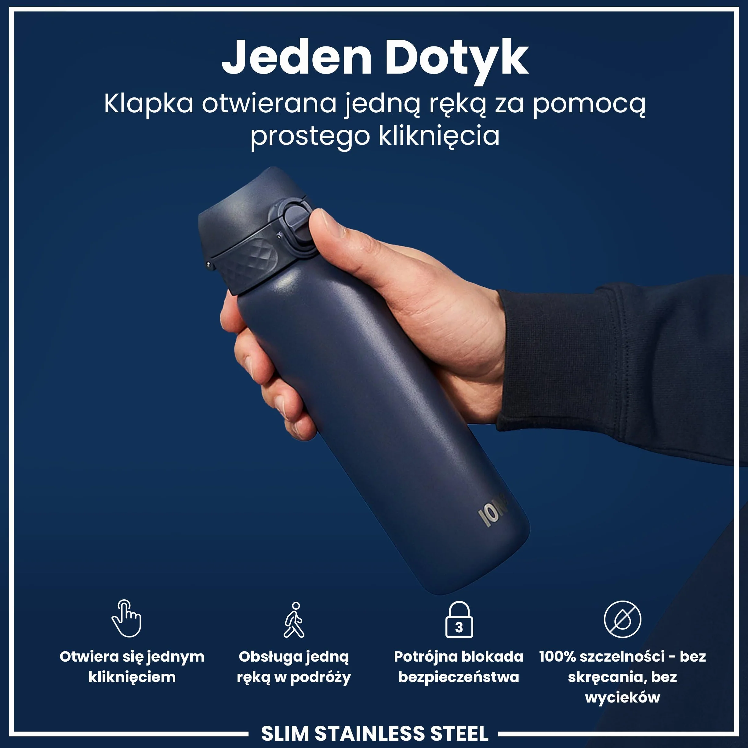 Ion8 Butelka na Wodę ze Stali, 600 ml/20 oz, Szczelna, Łatwe Otwieranie, Bezpieczny Zamek, Można Myć w Zmywarce, Higieniczne Pokrycie, Pasuje do Uchwytów, Składany Uchwyt, Metalowa Butelka