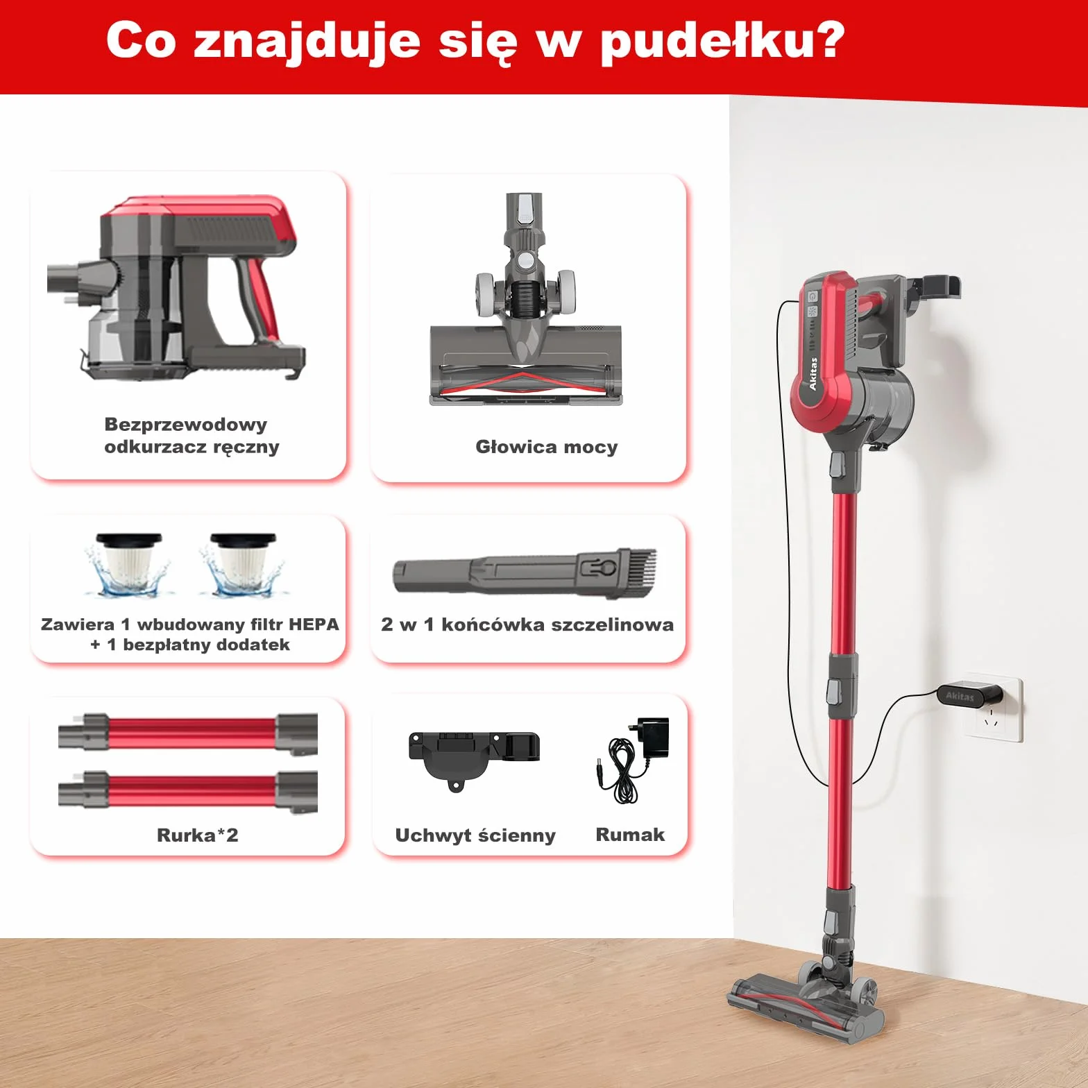 Akitas V10A Bezprzewodowy Odkurzacz 450W BLDC, 45 kPa, 60 min Pracy, Lekki Pionowy i Ręczny z LED Power Brush, Anti-Tangle, do Dywanów, Twardych Podłóg i Sierści Zwierząt