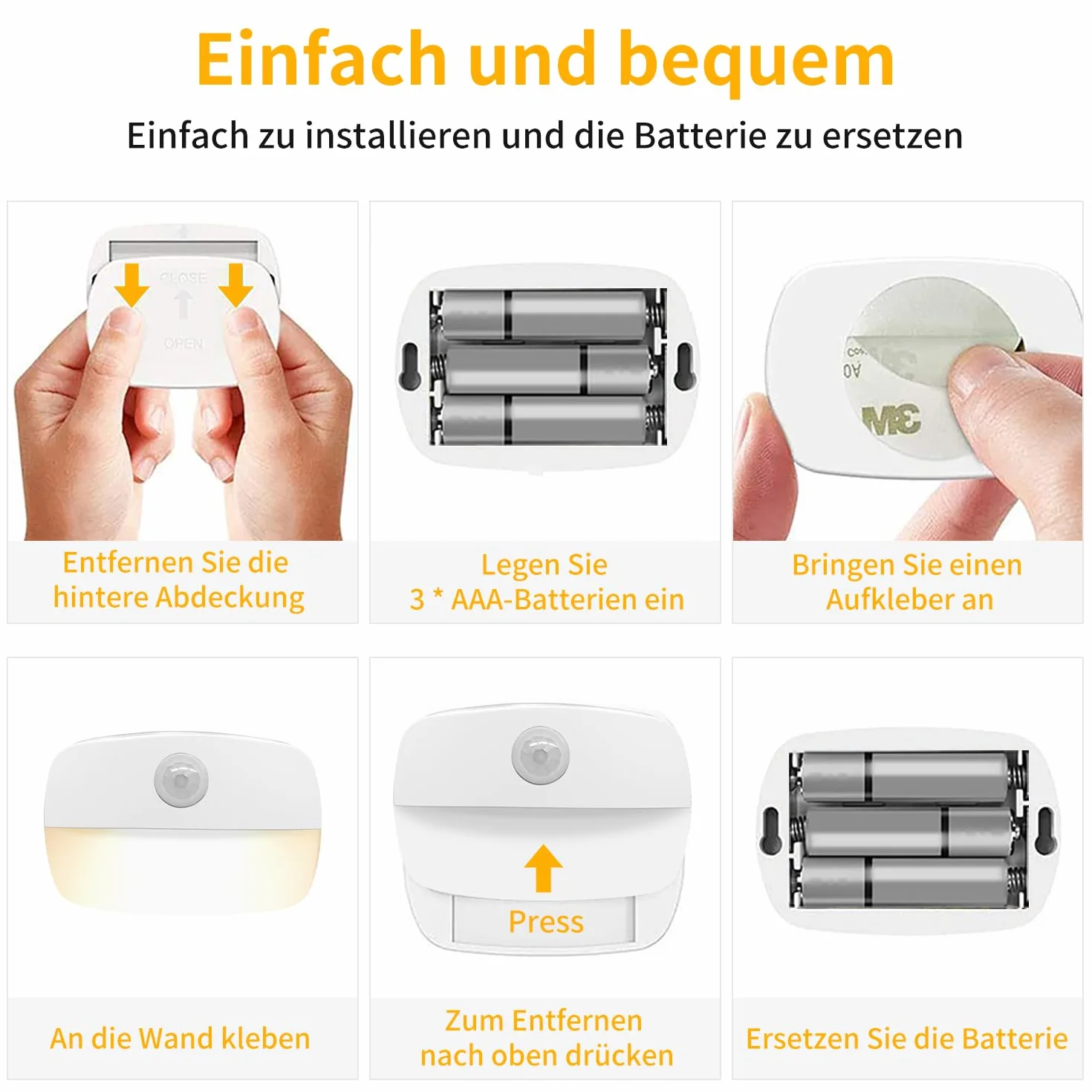Lampka nocna LED z czujnikiem ruchu, 4 sztuki, lampka nocna dla dzieci, z baterią, do wnętrz, oświetlenie szafki, automatyczne włączanie/wyłączanie, światło do korytarza, schodów, łazienki, sypialni