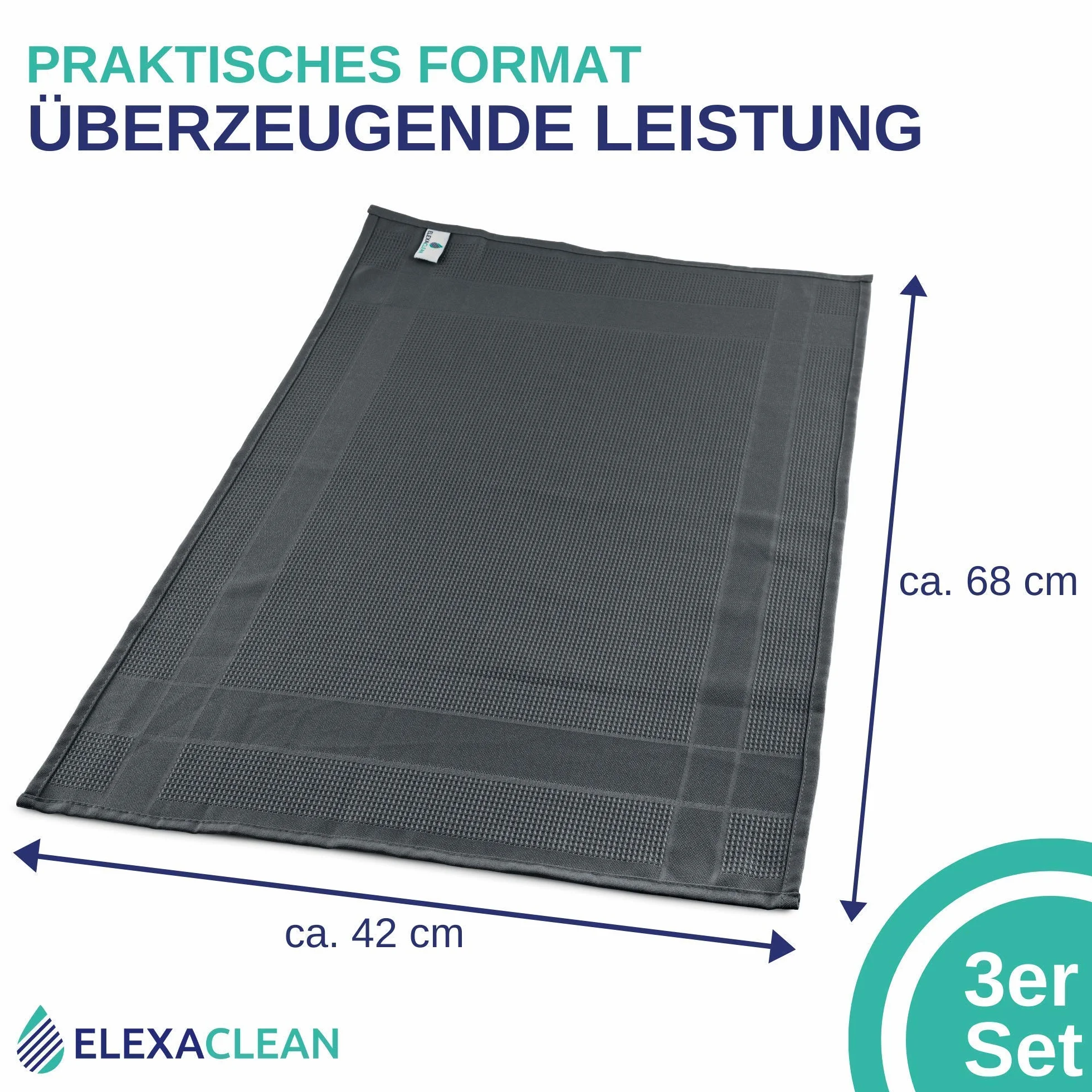 ELEXACLEAN ręczniki kuchenne mikrofibra (3 szt., 68x42 cm, antracyt) chłonne, można prać 60°C, nowoczesne wzornictwo