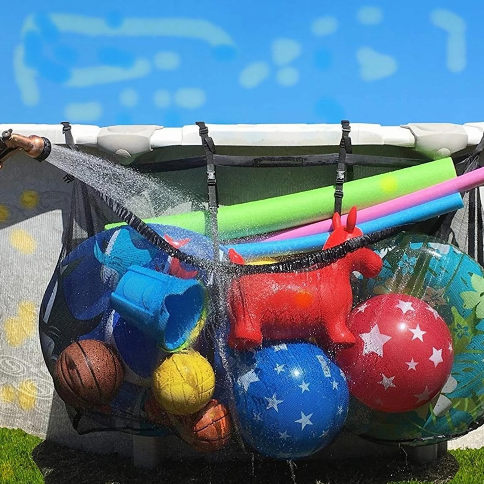 Torba siatkowa na pływaki basenowe, duża, 145 x 84 cm, do wieszania – wytrzymała, szybkoschnąca siatka do przechowywania basenu, na pierścienie pływackie, piłki, zabawki, plażę, patio, wewnątrz, garaż