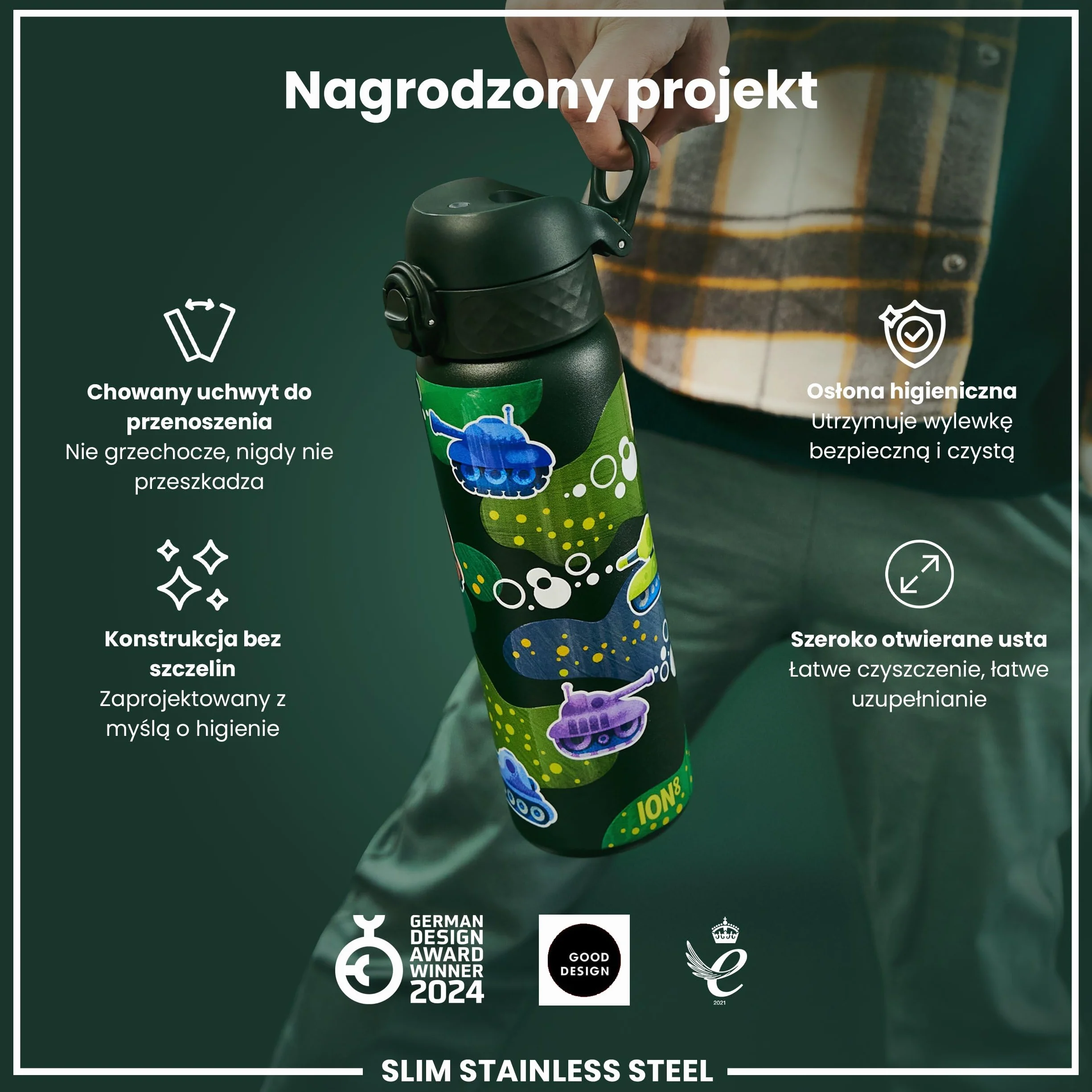 ION8 Butelka na Wodę ze Lekki Stali, 600 ml/20 oz, Nieocieplany, Szczelna, Łatwe Otwieranie, Bezpieczny Zamek, Można Myć w Zmywarce, Higieniczne Pokrycie, Składany Uchwyt, Czołgi