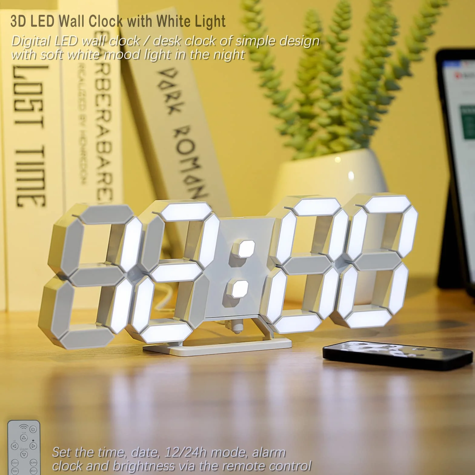 KOSUMOSU Zegar cyfrowy 3D LED zegar ścienny 24,6 cm, zegar stołowy, duży wyświetlacz, cyfrowy zegar ścienny, zegar biurkowy z pilotem zdalnego sterowania, temperatura 12/24 h (białe światło)