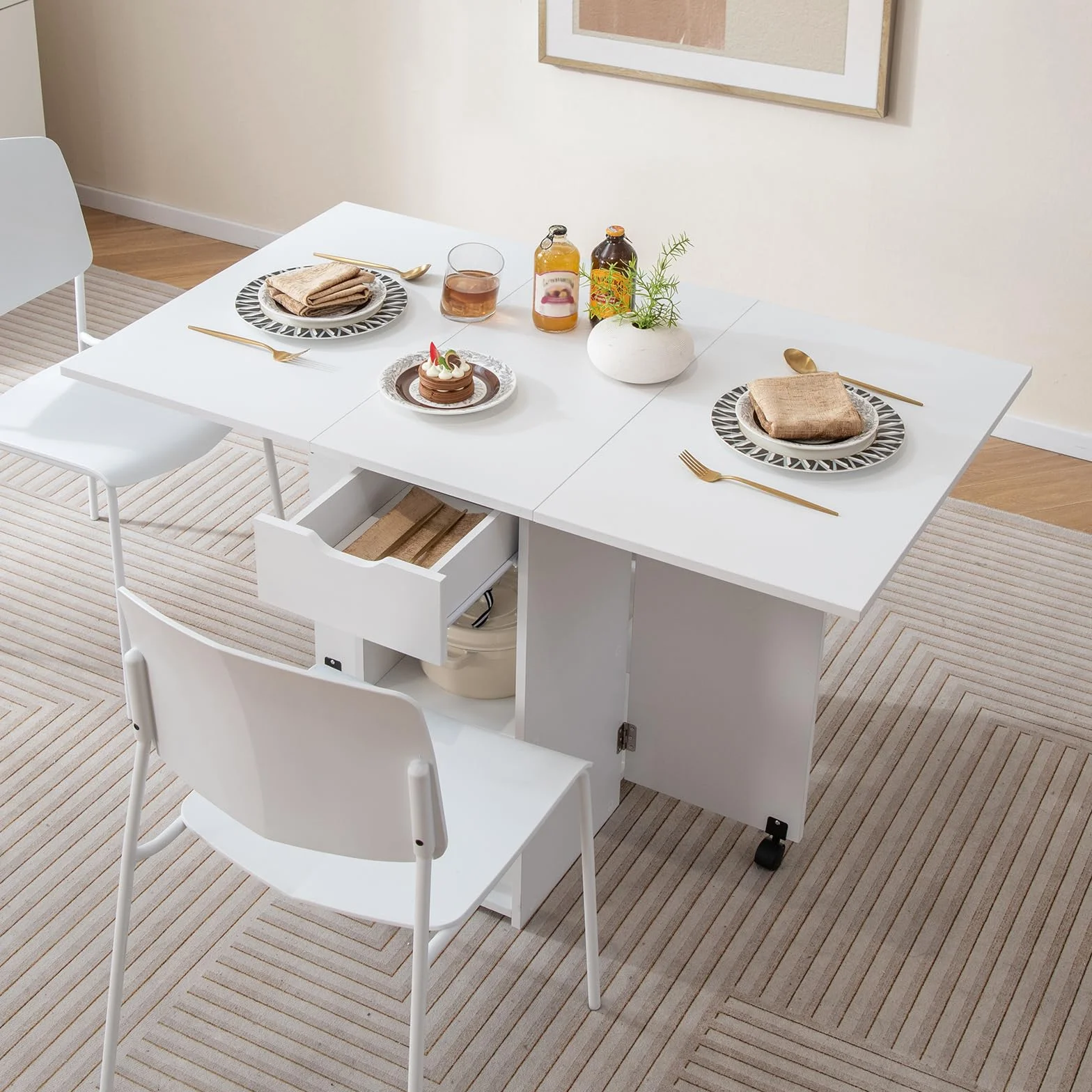 LIFEZEAL Składany stół jadalny 3 w 1, 120x77cm, stół kuchenny dla 4-6 osób, stół rozkładany z 2 kółkami, 1 szufladą, 2 półkami, do jadalni, salonu (biały)