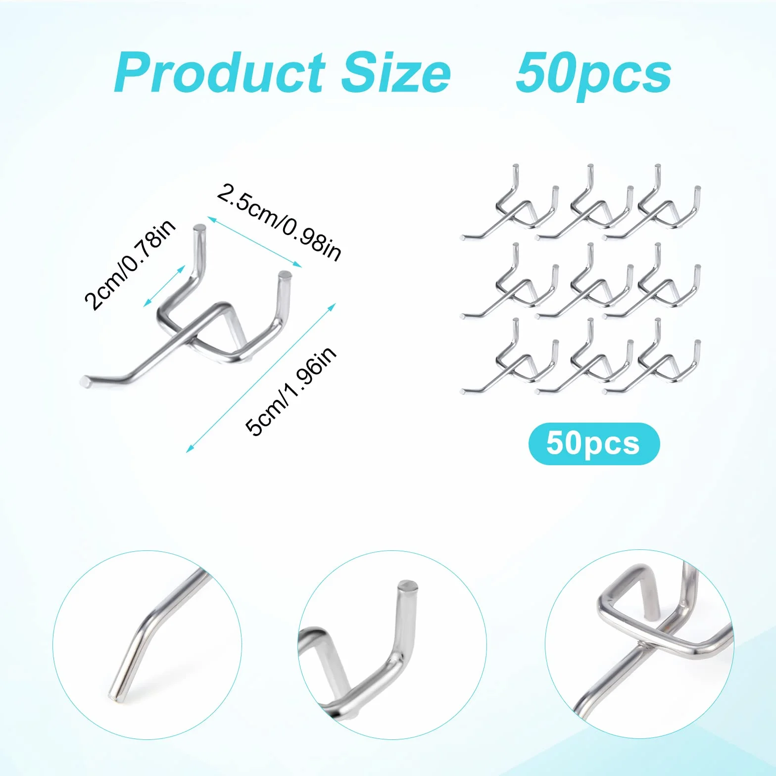 SAVITA 50 szt. Peg Board Hooks, Rozstaw Otworów 25 mm Grubość 32 mm Długość 50 mm Peg Board Hooks Tools do Ekspozycji Ścian na Kołki Narzędzia Przechowywanie w Garażu (Srebrne)