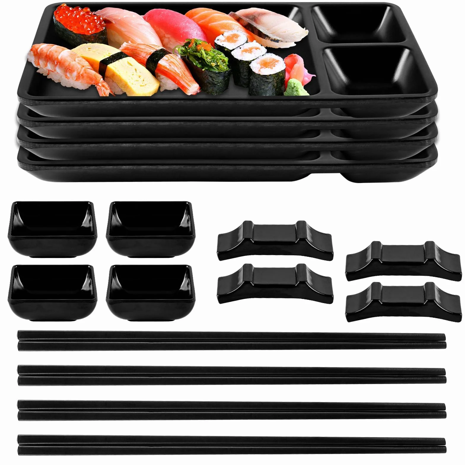 YAYODS 16-częściowy zestaw japońskich sushi czarny - japońskie naczynia z melaminy zawiera 4 pałeczki do sushi, 4 talerze do sushi (22 x 12,5 x 2,1 cm), 4 miseczki do dipów, 4 uchwyty na pałeczki