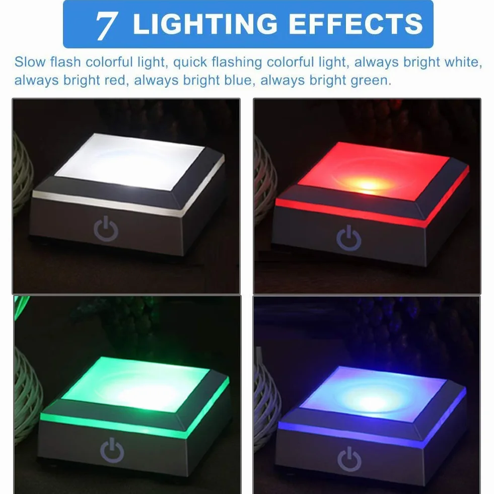 Podstawa LED Light Display Base, 4 diody LED, zmiana kolorów, podstawa świetlna do kryształów, sztuki szklanej i tekstyliów domowych, 7 zmieniających się kolorów światła, prostokątna podstawa LED