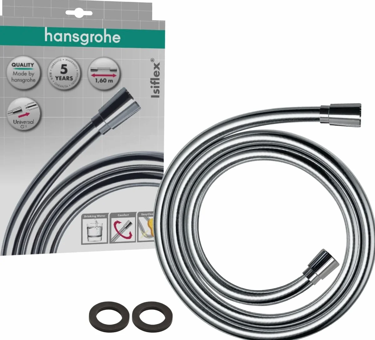 hansgrohe Isiflex - wąż prysznicowy 1,60 m, nie plącze się, elastyczny wąż prysznicowej z zabezpieczeniem przed załamaniem, z uszczelkami, chrom, 28276000