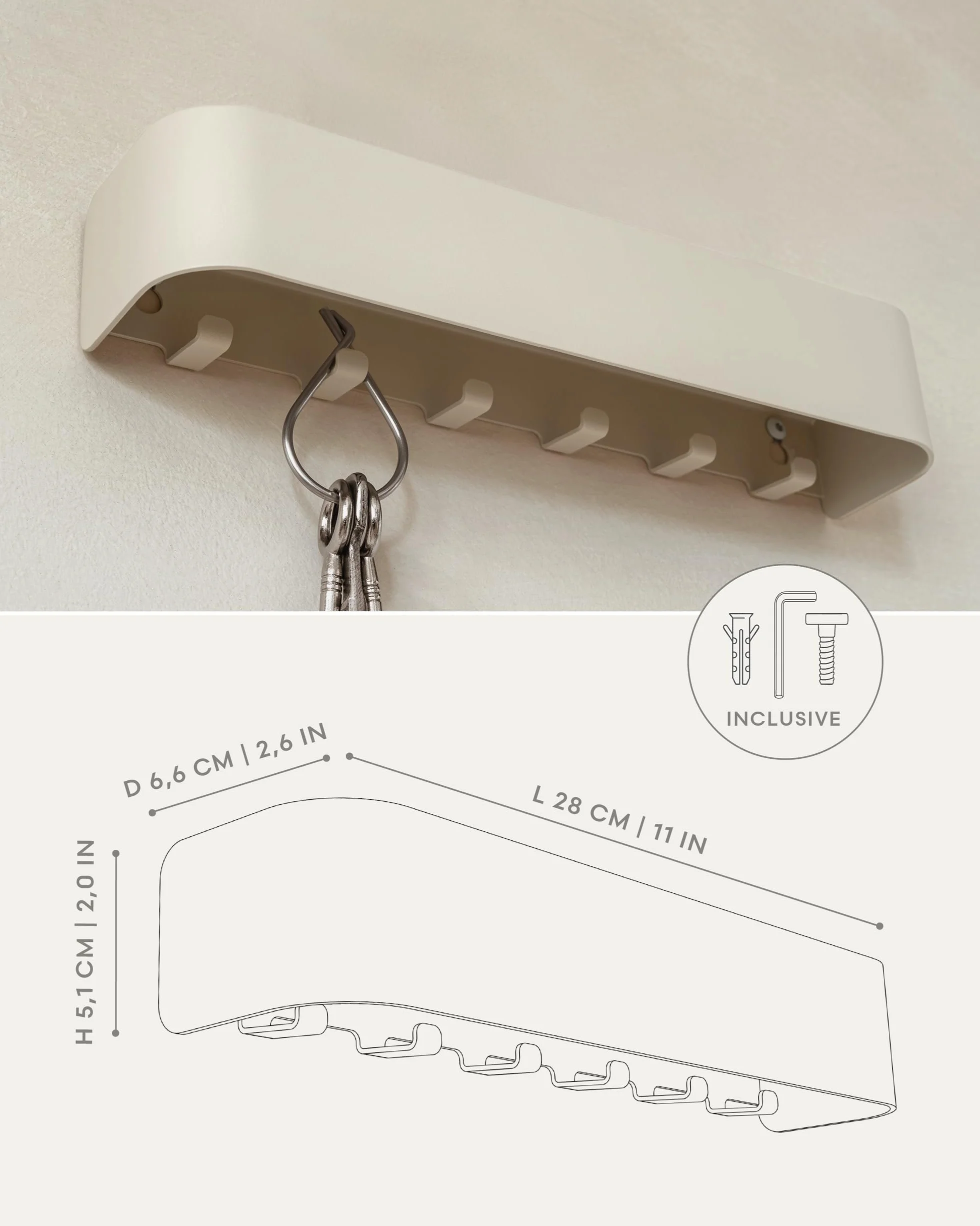KAZAI. Wieszak na klucze 'Tone' | Minimalistyczny design wieszaków na klucze z Berlina | Nowoczesny uchwyt z metalową półką | Tablica jako mebel przedpokoju na ścianę | Taupe Piaskowy