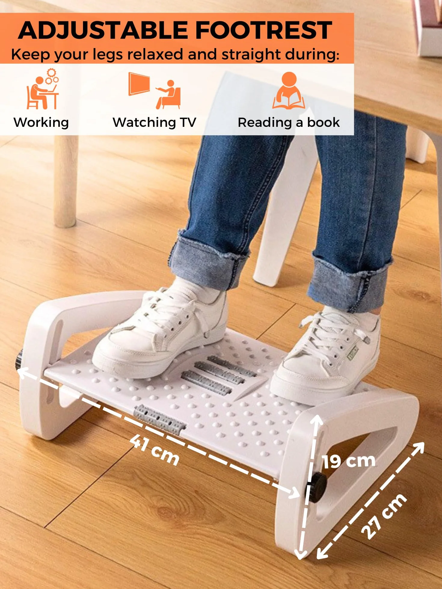 Ergonomiczny podnóżek, regulowany pod biurkiem z funkcją masażu, antypoślizgowy, poprawia postawę i krążenie, idealny do pracy i domu