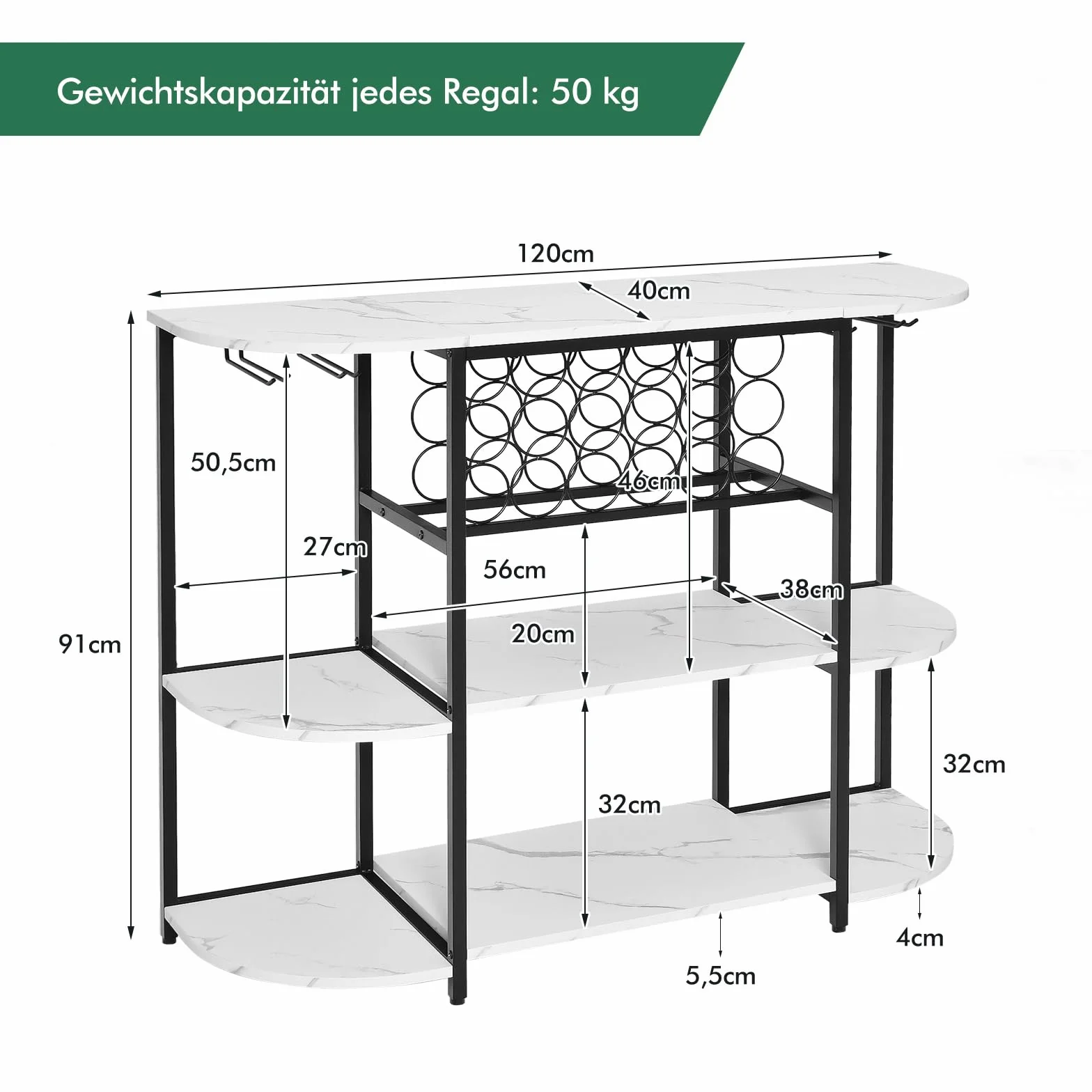 COSTWAY Stojak na wino 120 cm z uchwytem na szkło i półkami, 3-poziomowy regał na butelki na 18 butelek wina i 8 kieliszków, 120 x 40 x 91 cm (biały)