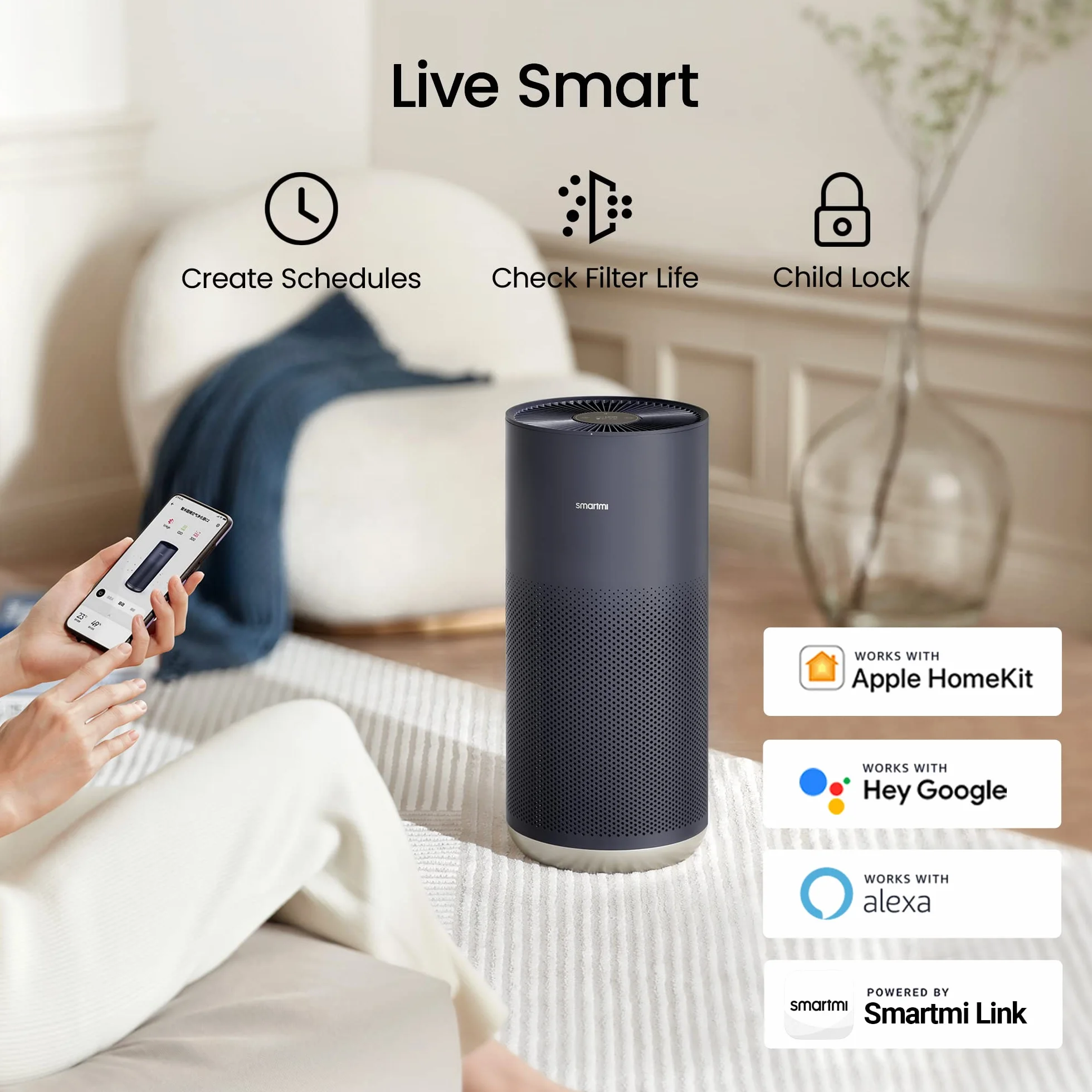 Smartmi 2 oczyszczacz powietrza do domu, duża przestrzeń, cichy, prawdziwy filtr HEPA do kurzu, dymu, pleśni, pyłków i alergenów, dezynfekcja światłem UV z inteligentną kontrolą