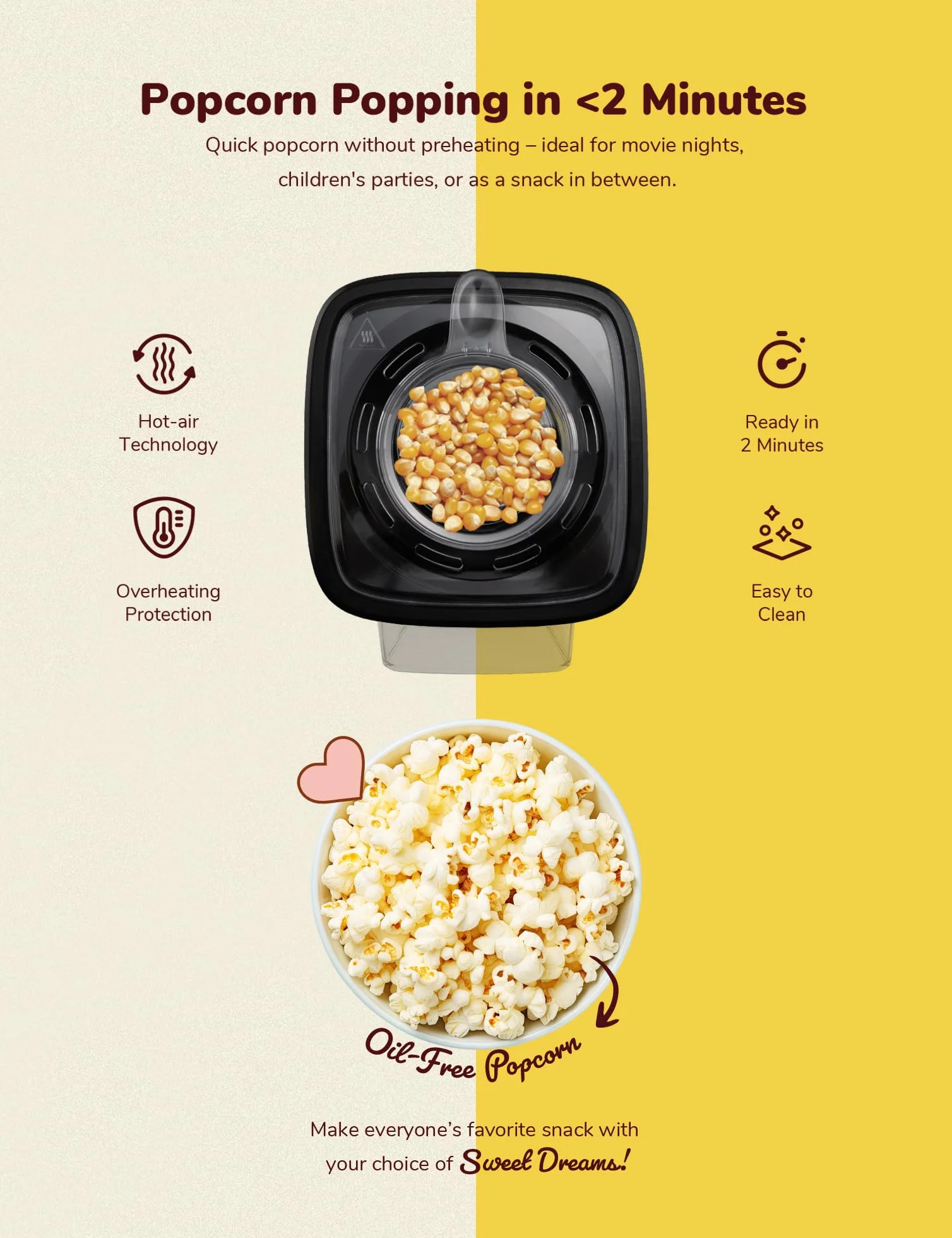 Bestron Maszyna do popcornu z technologią gorącego powietrza, 10 worków, wbudowana miarka