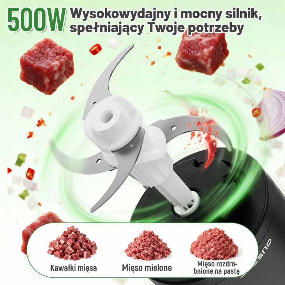 OUSFOT Elektryczny Siekacz do Zywności, 1,8L blender,500W Siekacz,Mini Elektryczny ze Szklaną Miską do Warzyw,Owoców,Mięsa,Kuchni